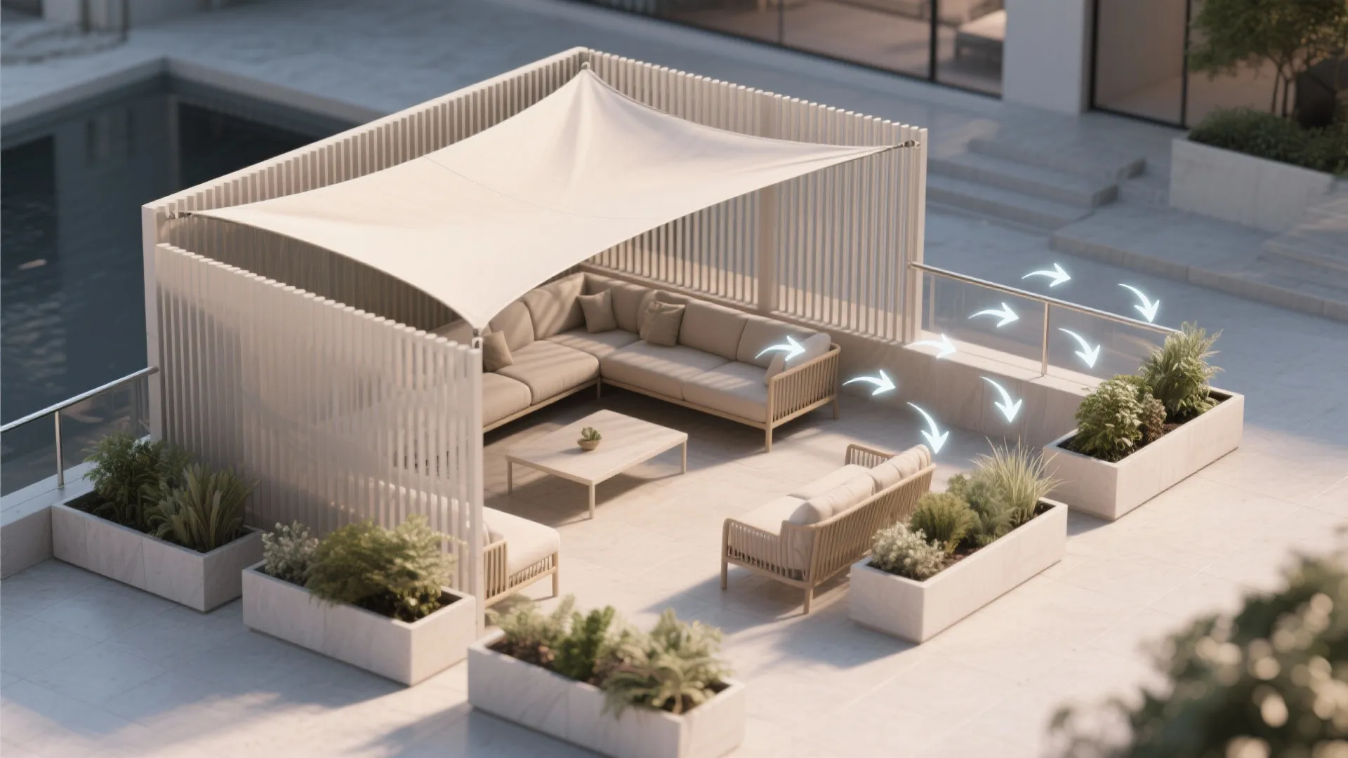 Outdoor patio area with white sun shade sofa set coffee table and wall panel fencing