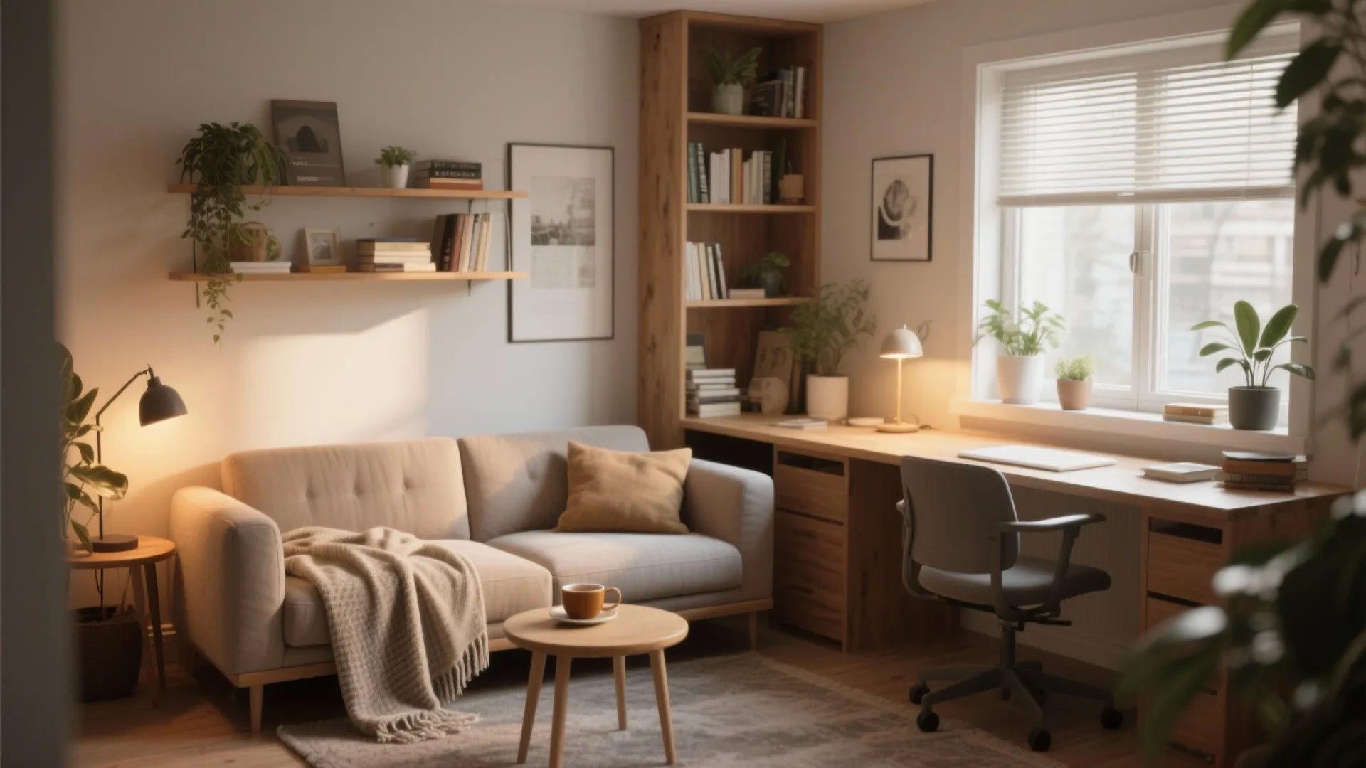 Warm living room with grey sofa wooden coffee table desk office chair bookshelf and plants