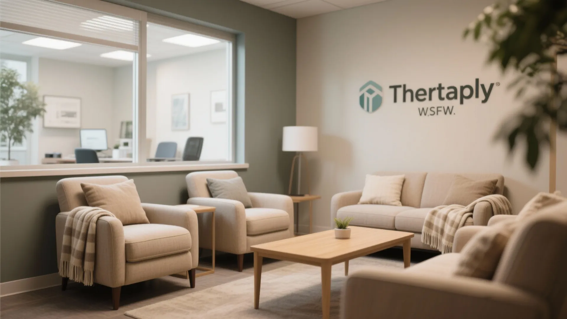 Modern waiting room with beige sofas and armchairs around a wooden coffee table near window