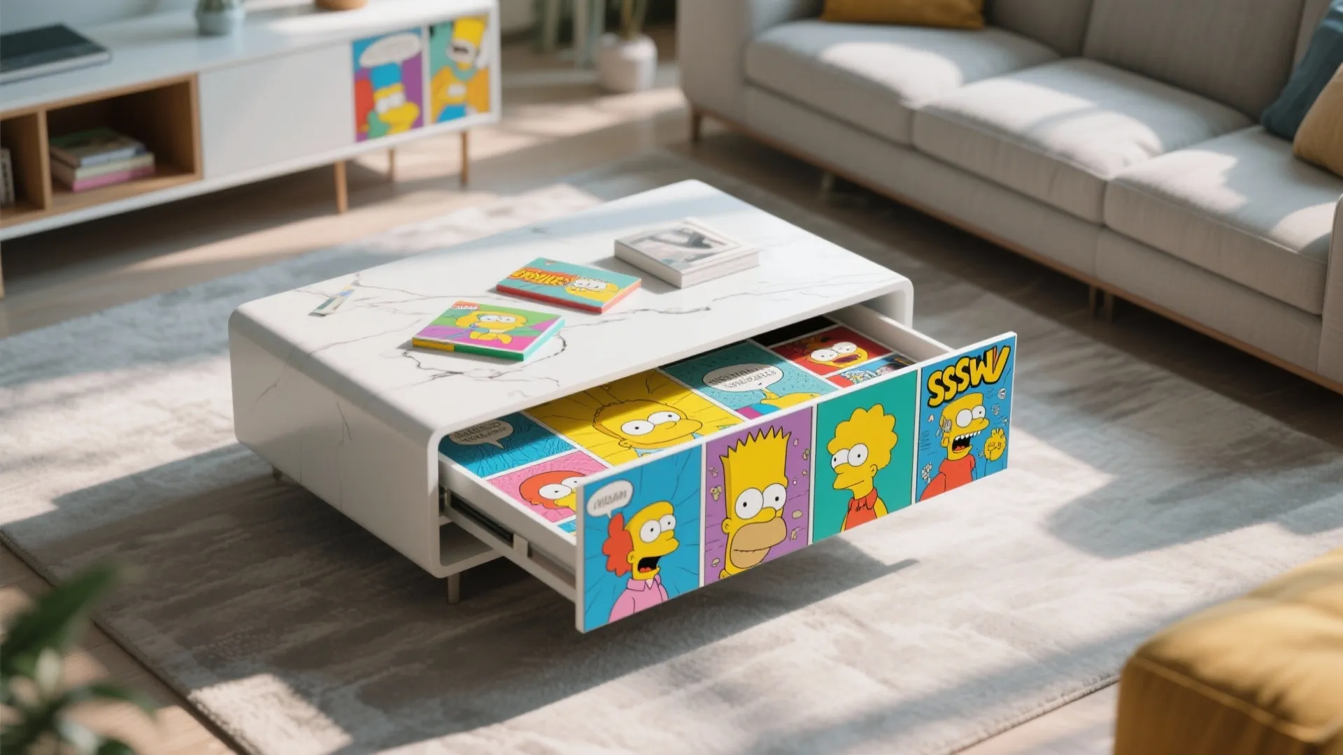 8. Coffee Table with Hidden Art Panels