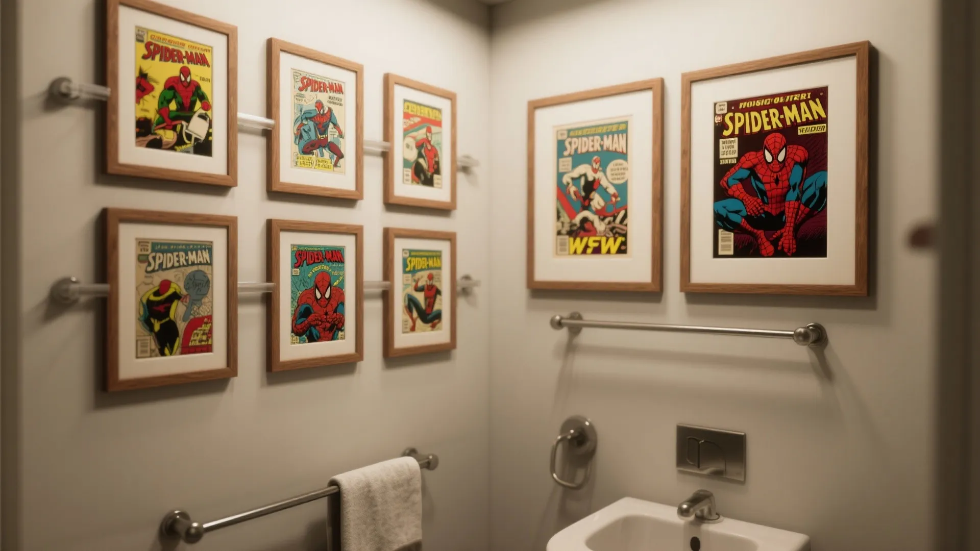 Bathroom wall decorated with framed comic book covers metal towel rails and a white sink