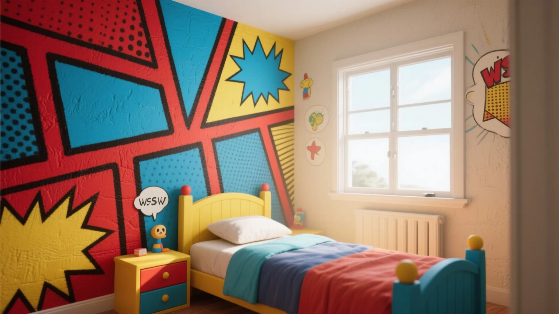 Kids bedroom with comic book wall art including yellow bed frame and colorful yellow nightstand