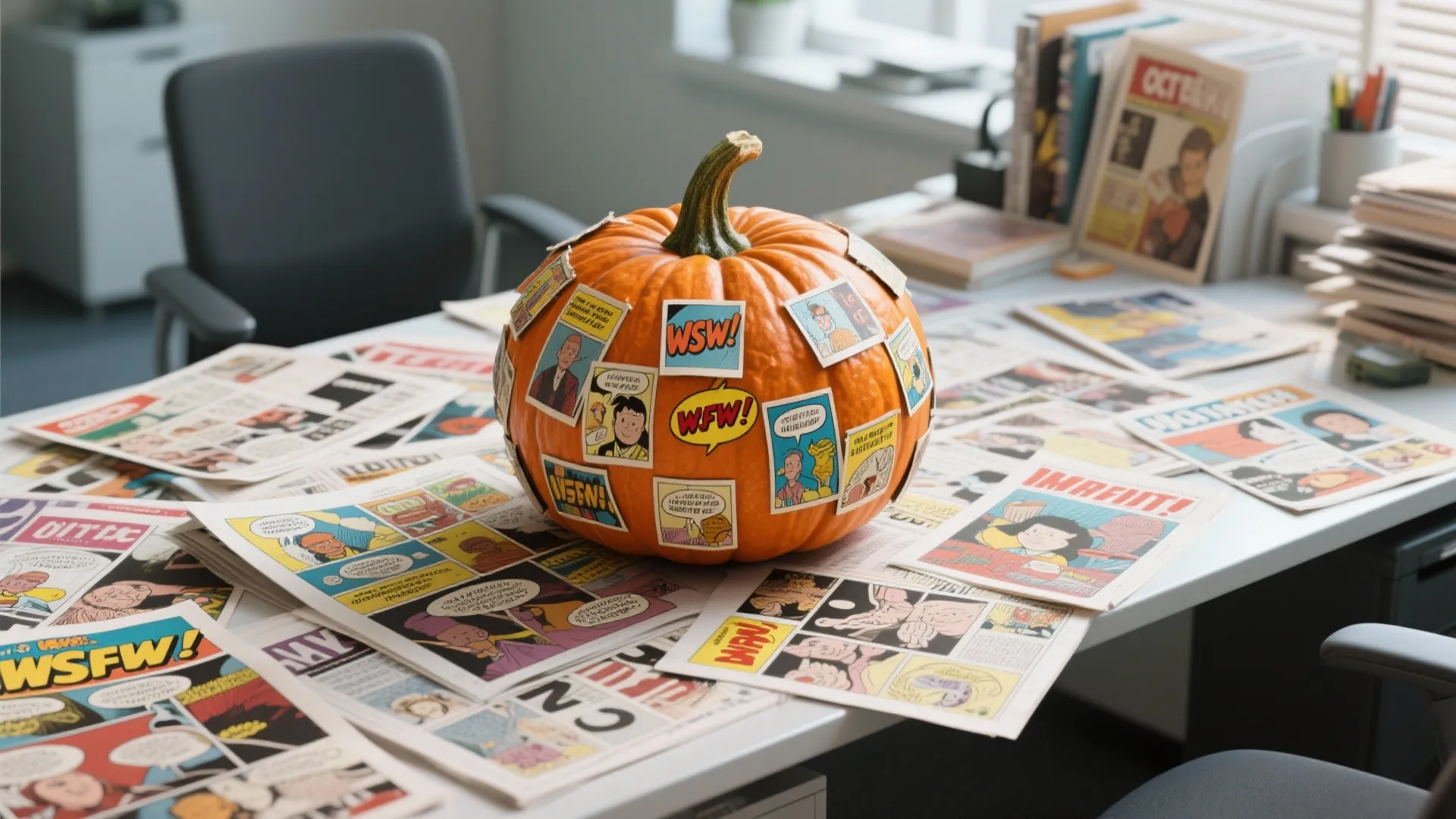 Pumpkin covered with glued comic strips on office desk