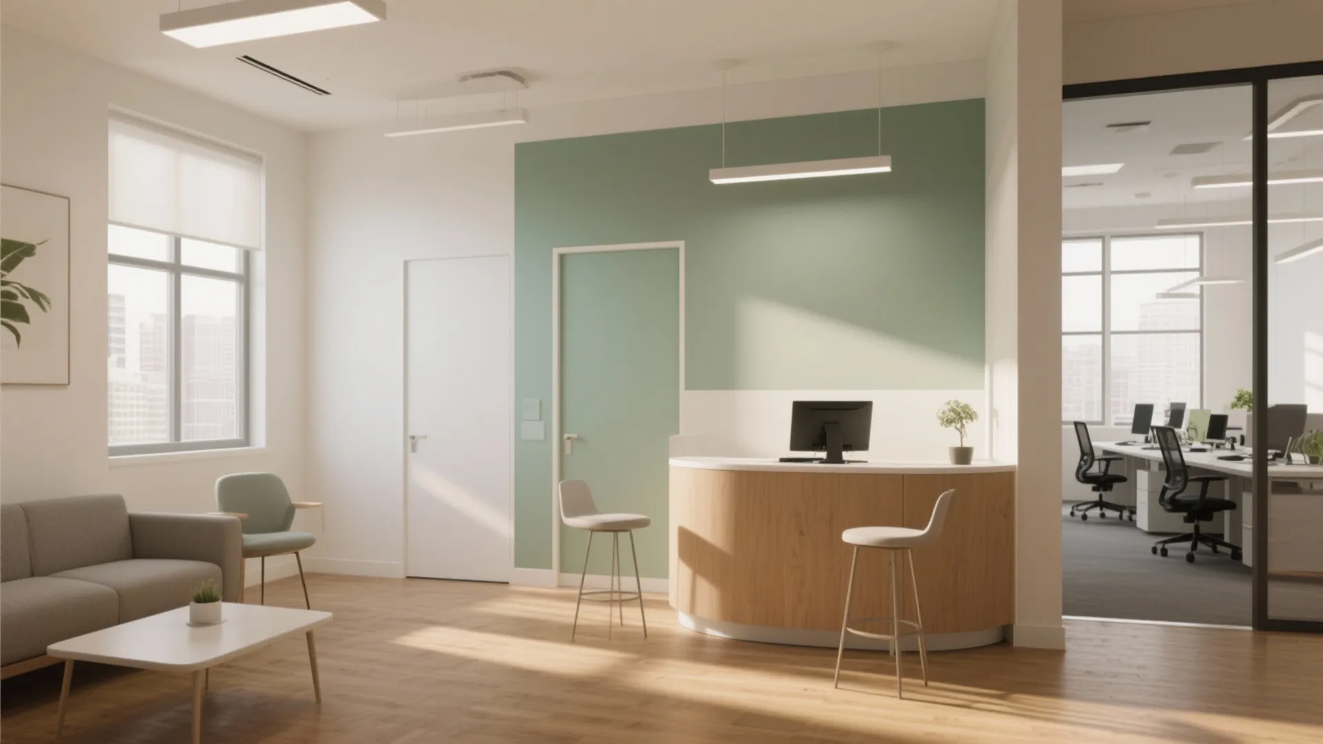 Office reception area featuring curved wood desk green wall grey sofa and light wood floor