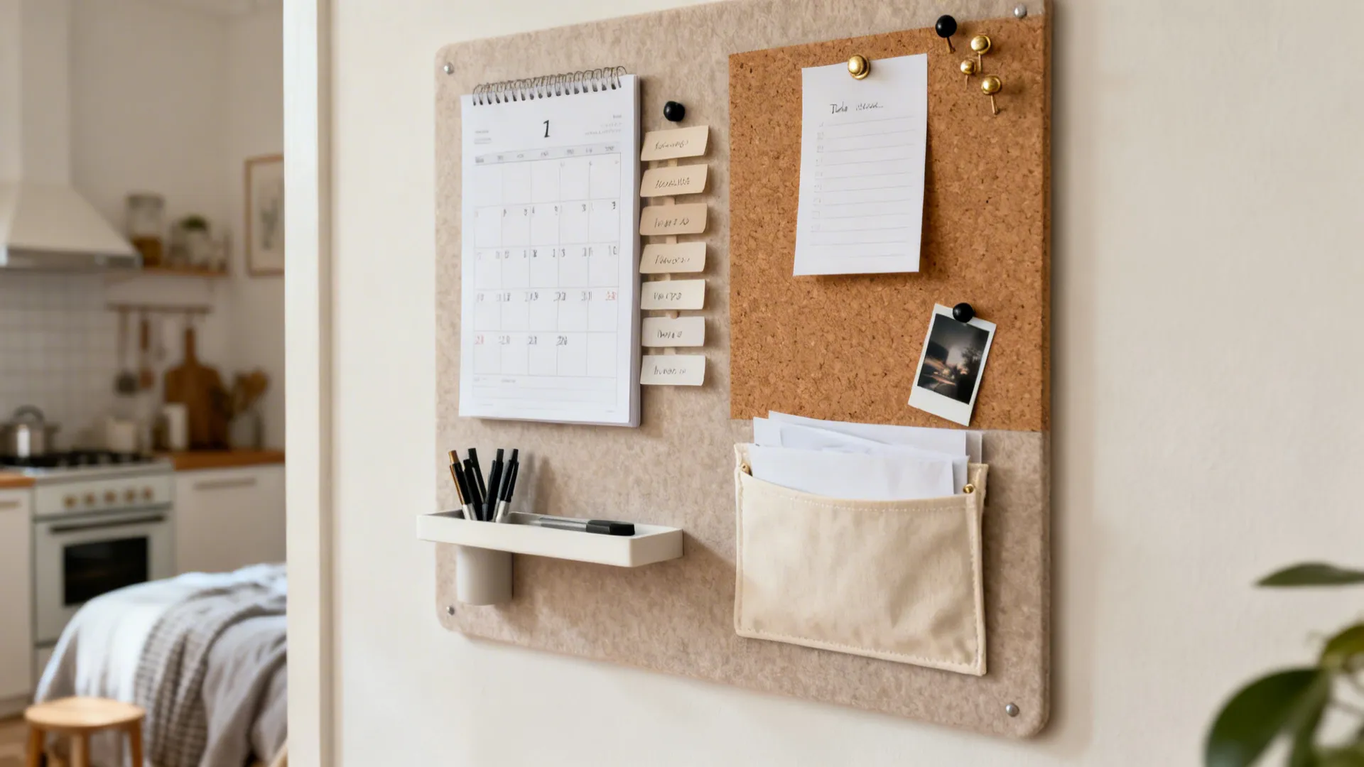 Wall-mounted organizer with calendar notes and pocket in a bright kitchen with stove and counter