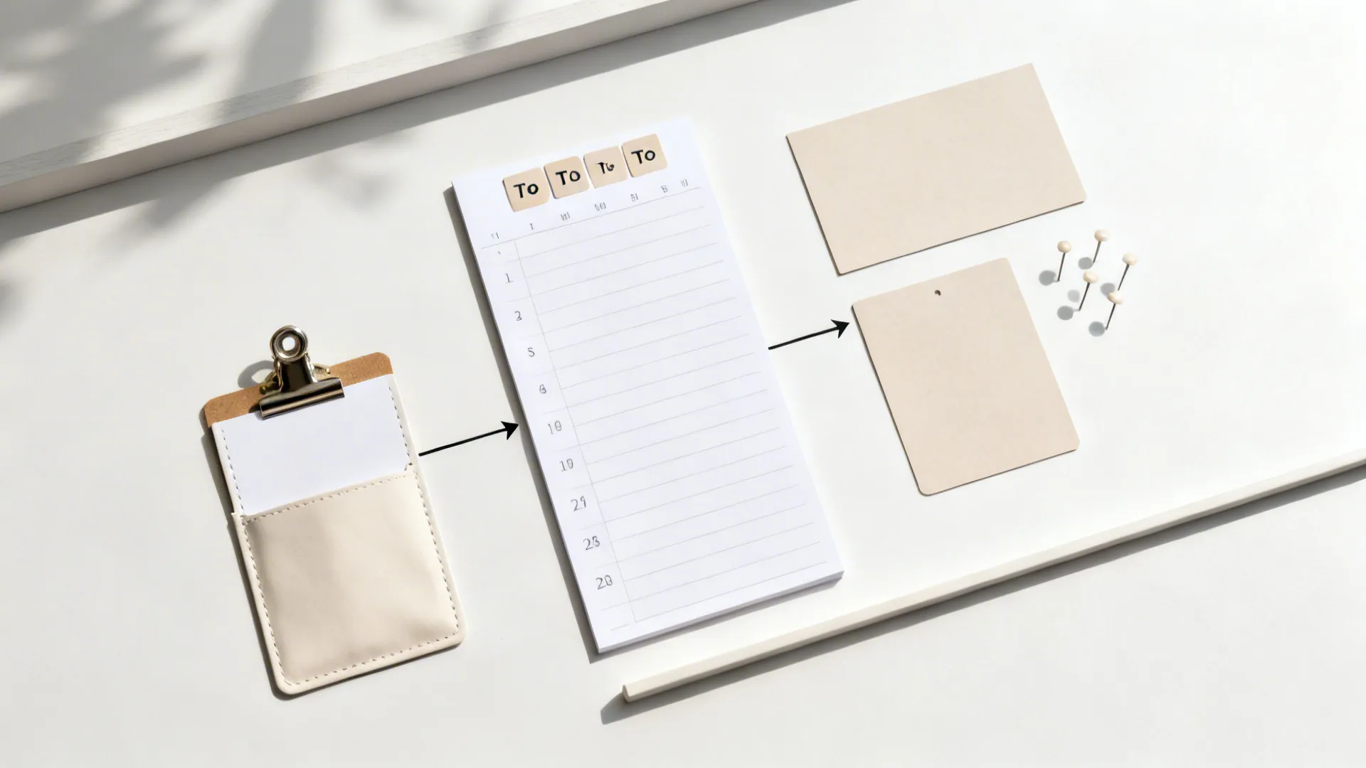Notepad for daily tasks with a small clipboard and blank cards on a clean surface