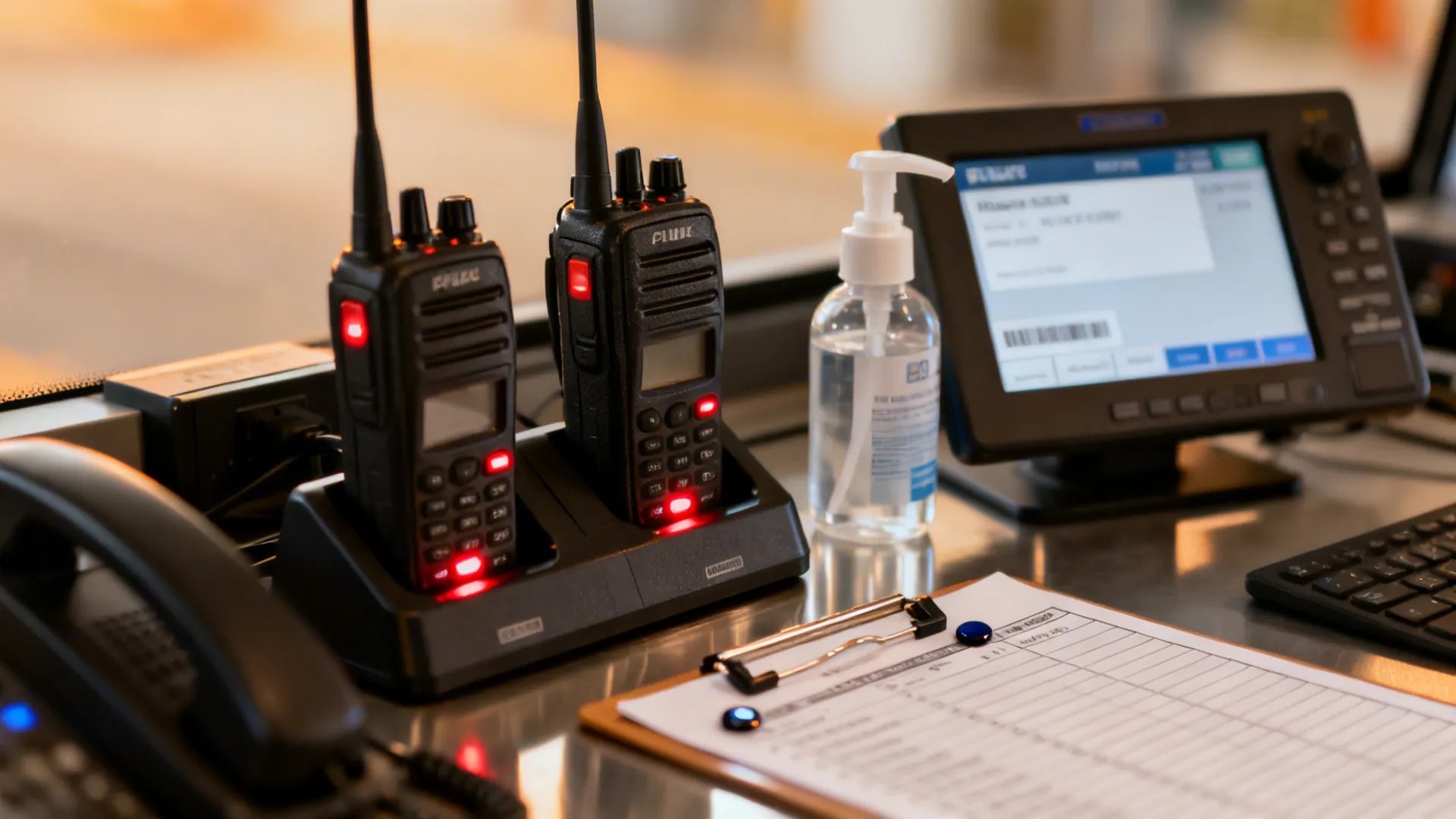 Close-up of radios on chargers, a ticket screen, and a magnetized checklist board