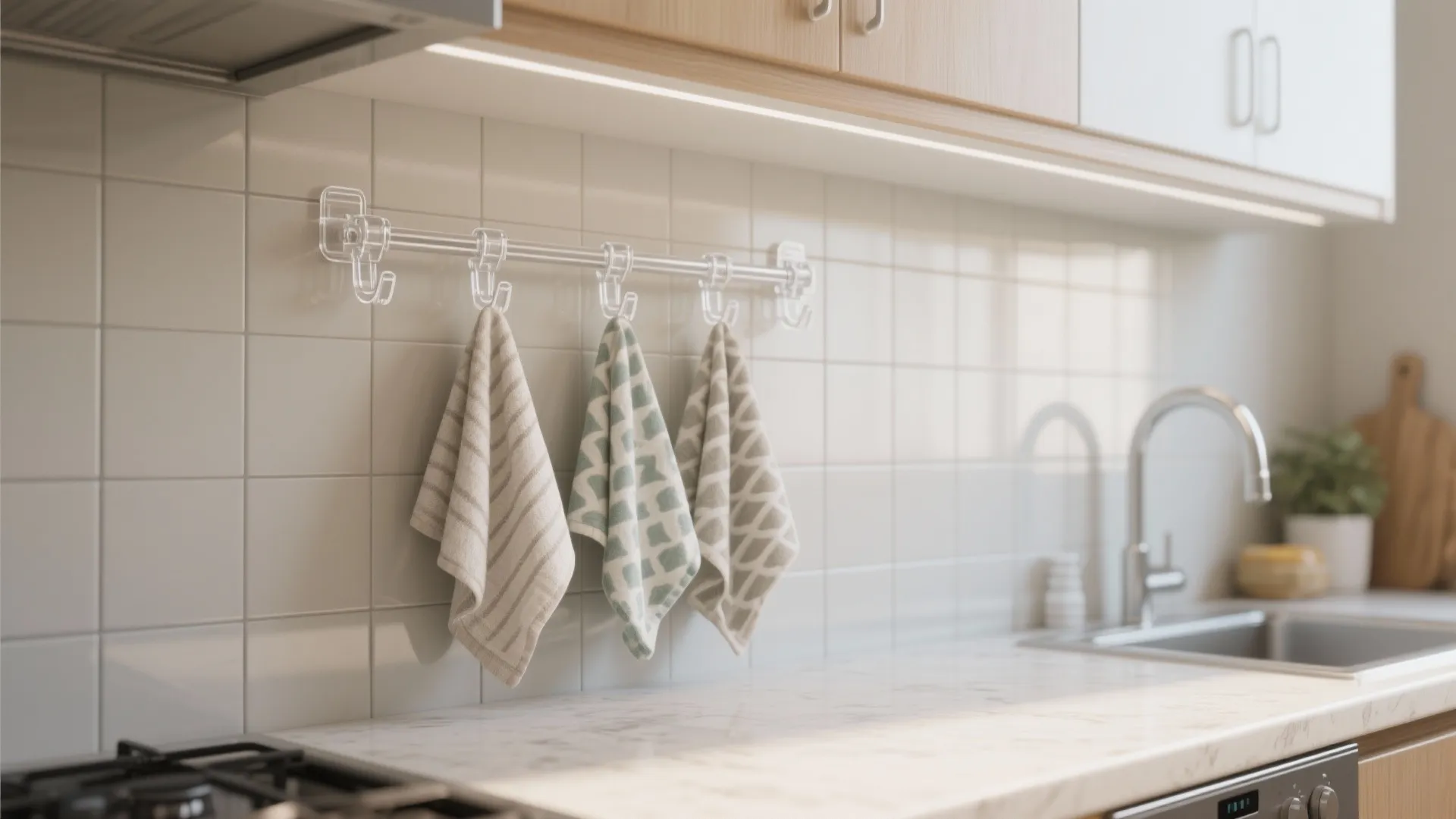 3. Command-style clips on a backsplash rail