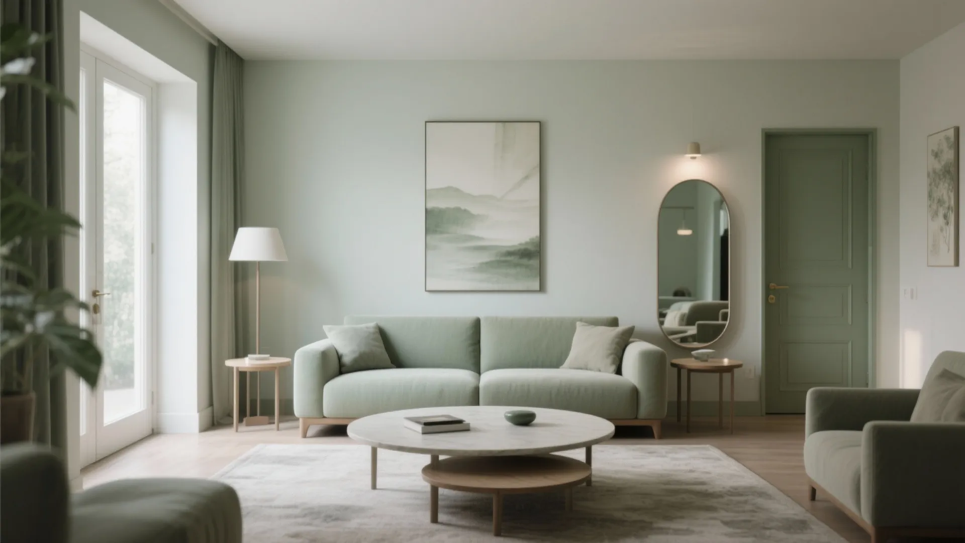 Modern green living room with soft sofa marble coffee table wall art and natural light