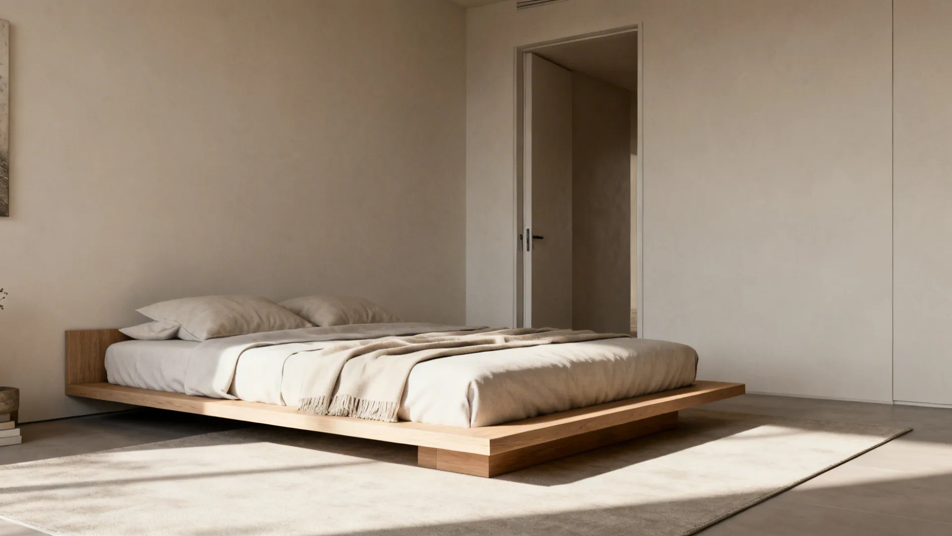 Compact bedroom with a well-proportioned bed placed to see the door without being directly aligned.