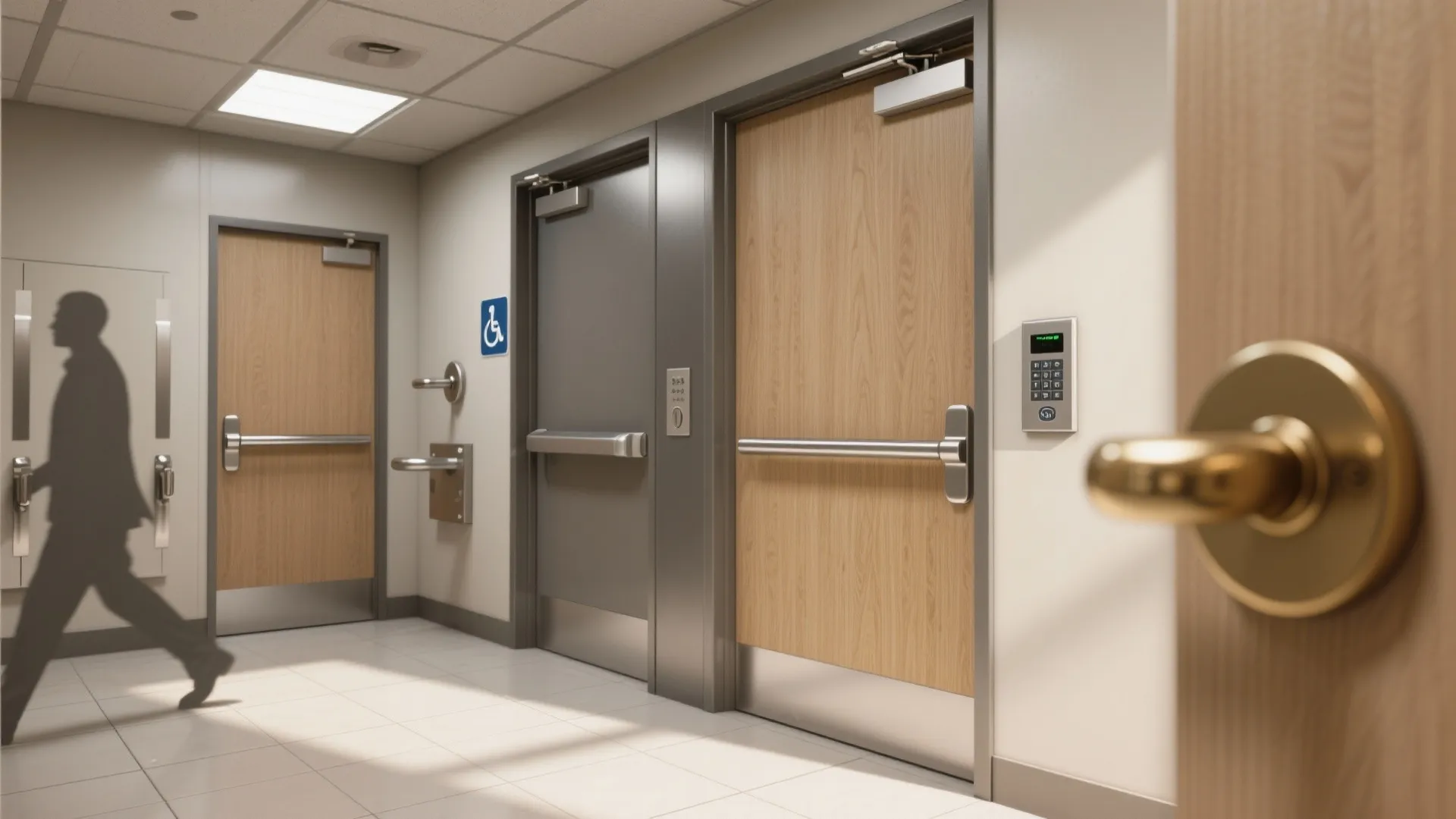 Modern public hallway with wooden and metal doors featuring silver handles and a digital lock