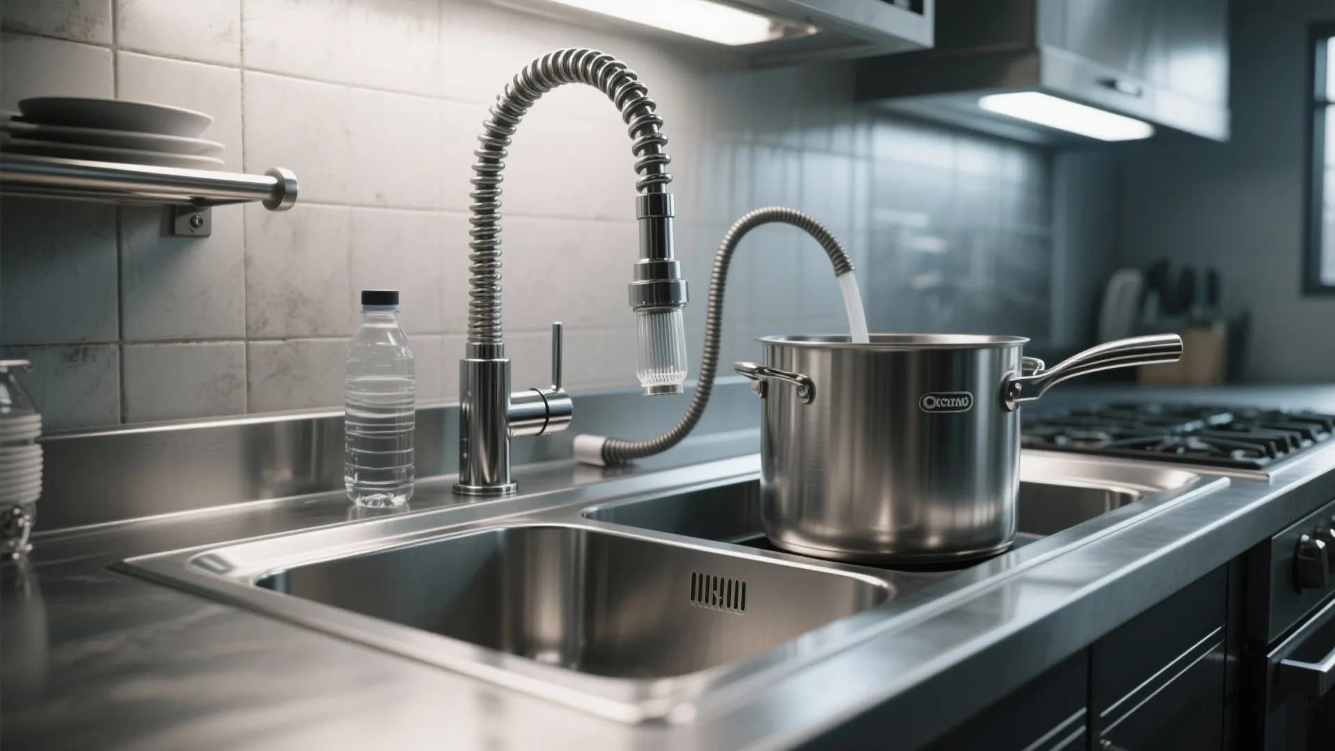 3. High-arc commercial style + filtered spout + pull-out rinse