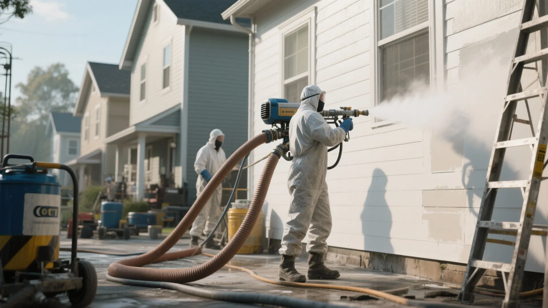 Workers in white protective suits using professional spray equipment to paint white house exterior wall
