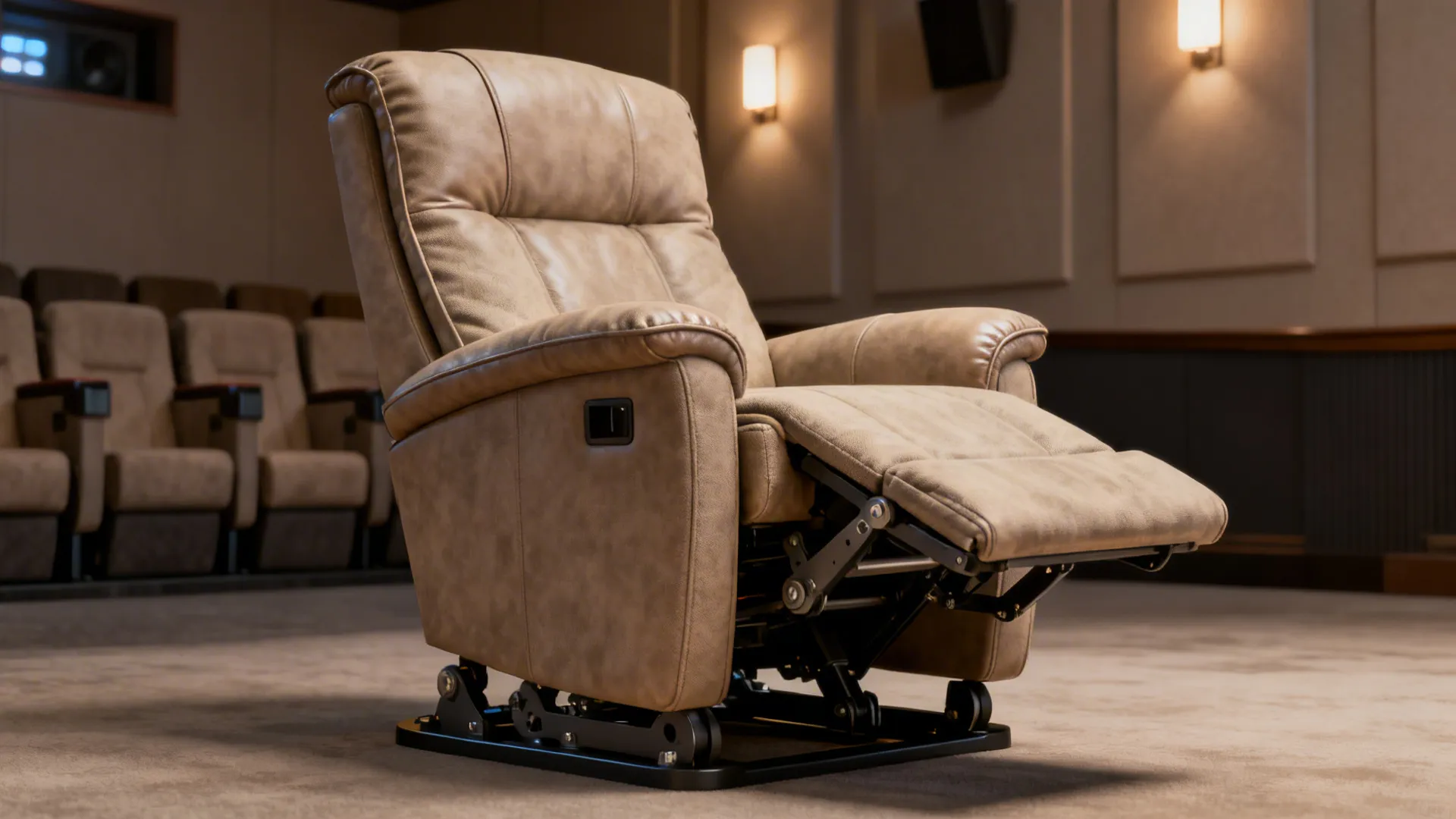 Commercial-grade recliner with durable upholstery and heavy-duty reclining mechanism in a home theater corner.