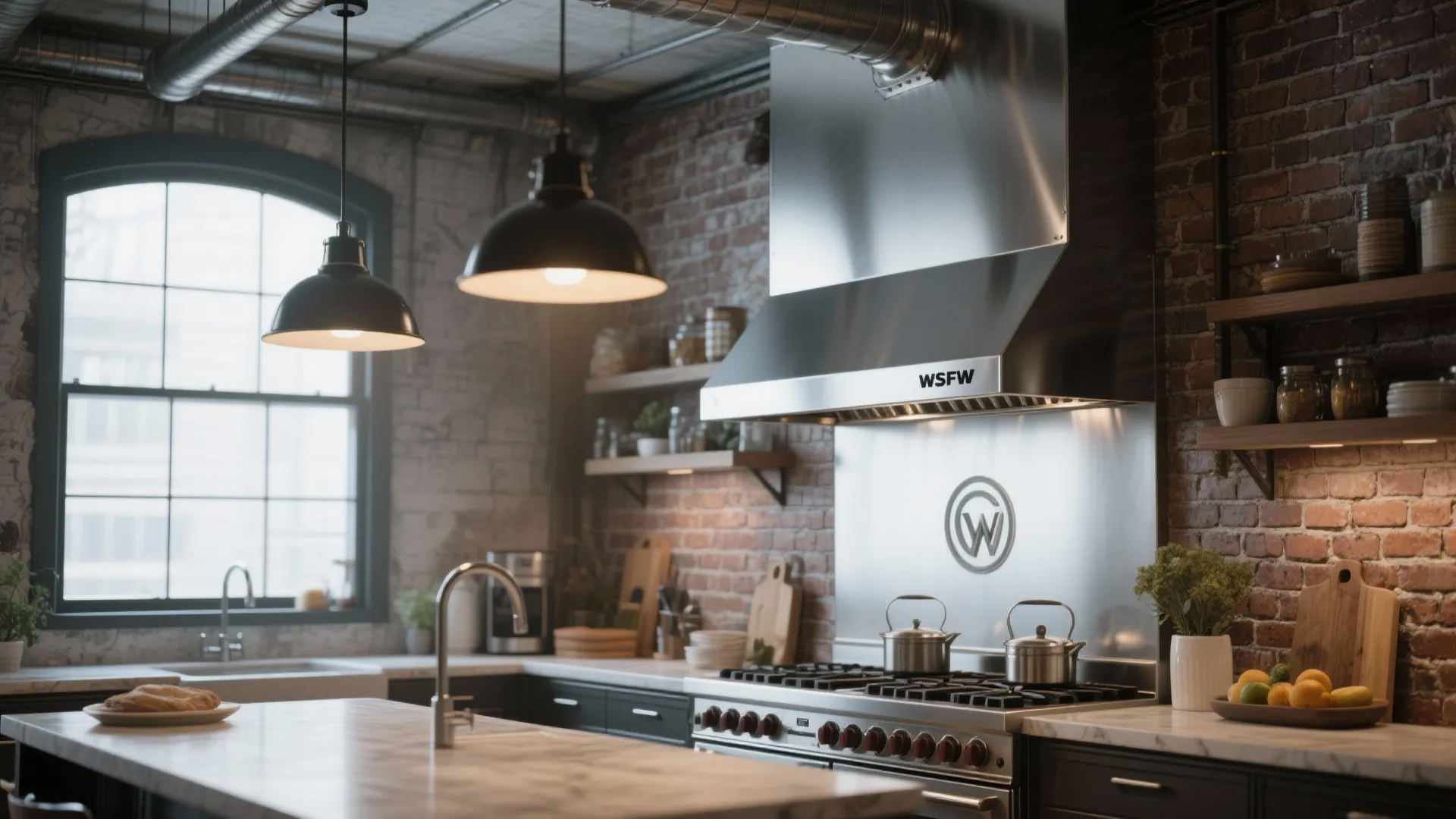 Industrial kitchen with red brick walls stainless steel hood black ceiling lights and large stove