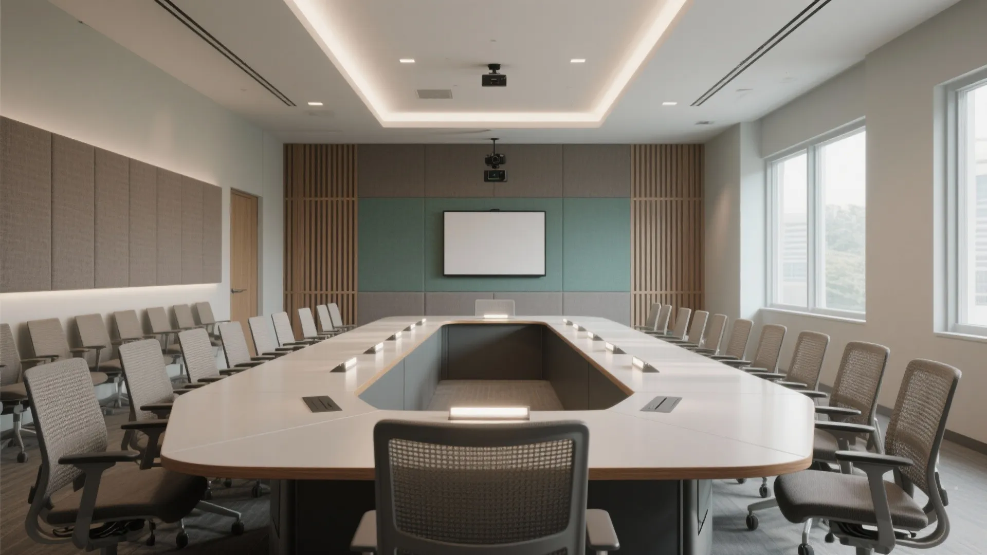 Modern meeting room interior design with large white table grey chairs and green wall panel