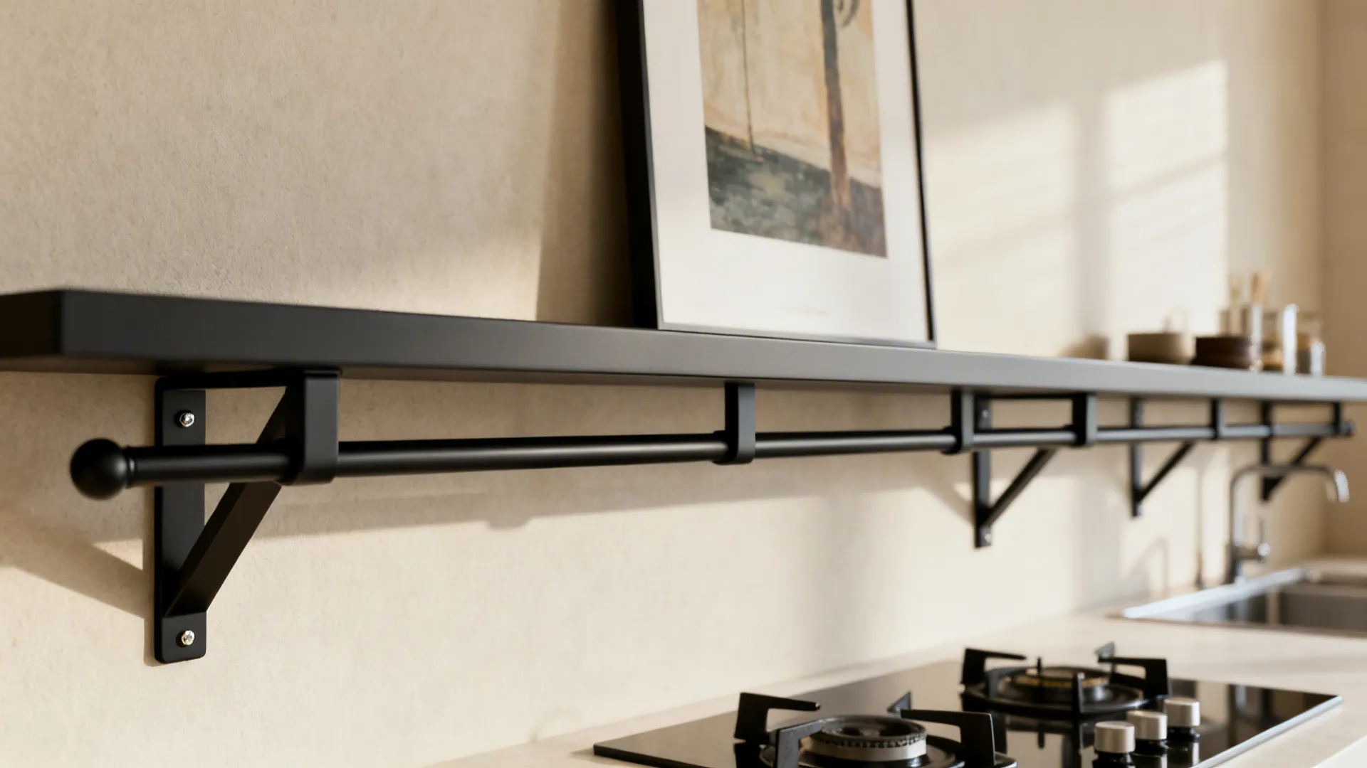 Close-up of matching black hardware, eye-level art, and a tidy ledge.