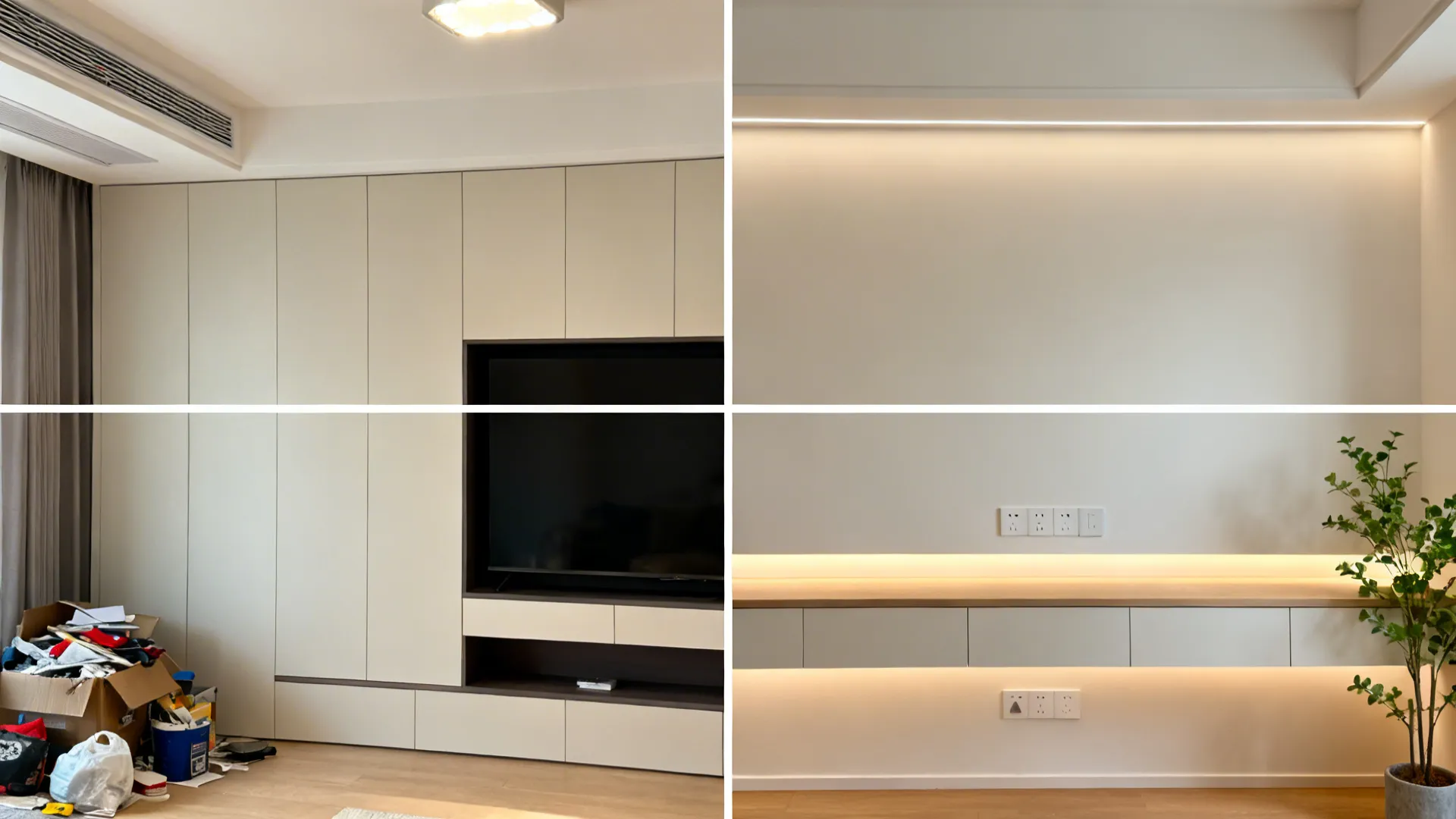 Grid showing before and after mini-scenes fixing bulkheads, outlets, crowded corners, and lighting.