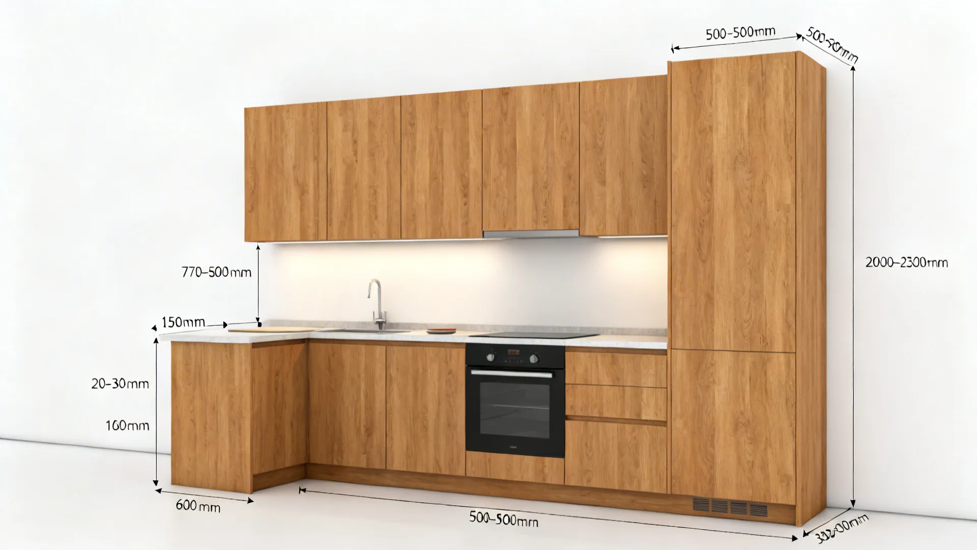 Compact kitchen wall demonstrating standard base, upper, and tall cabinet sizes and spacings.