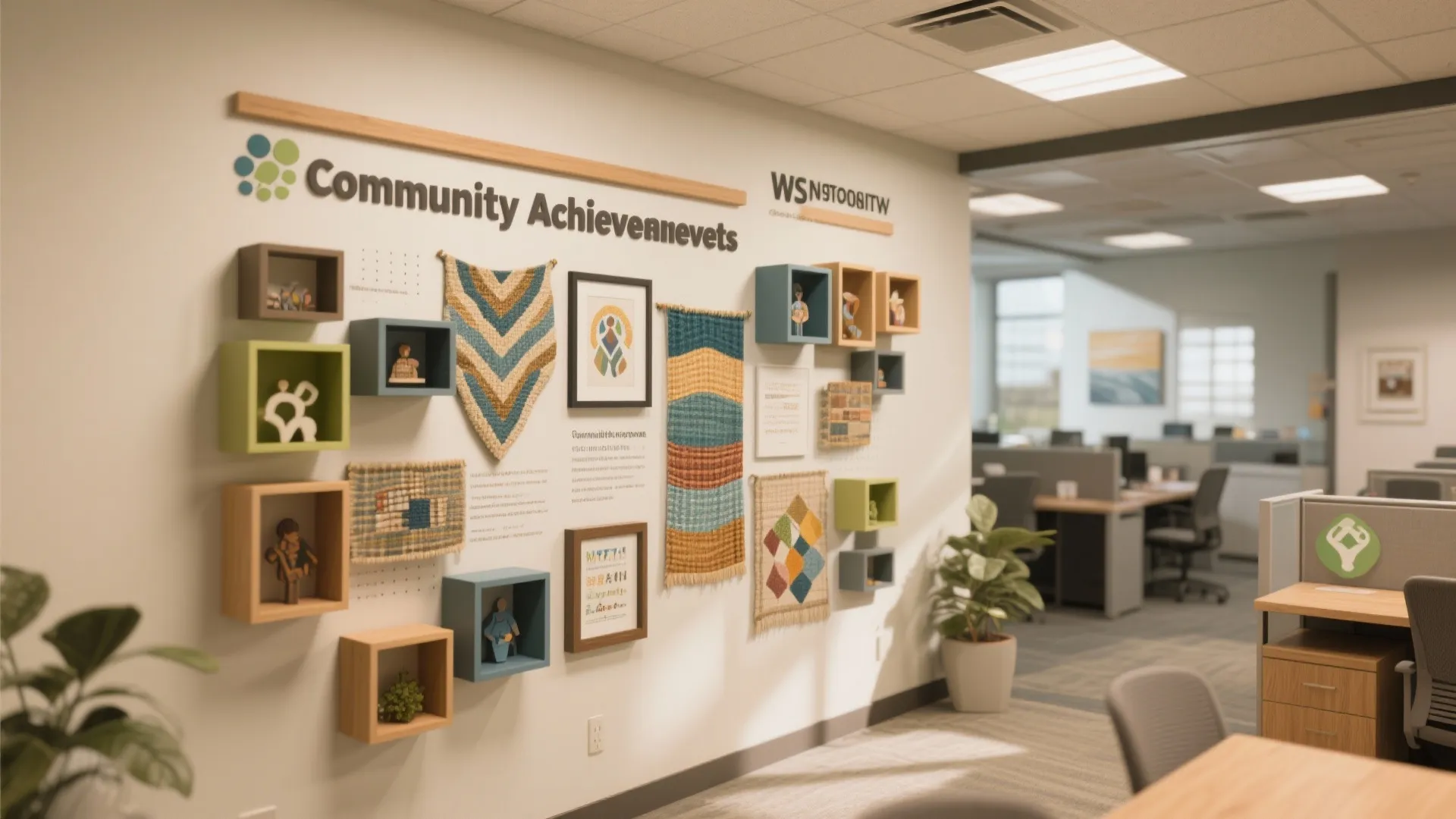 Office wall with colorful box shelves and woven fabric art next to an open workspace