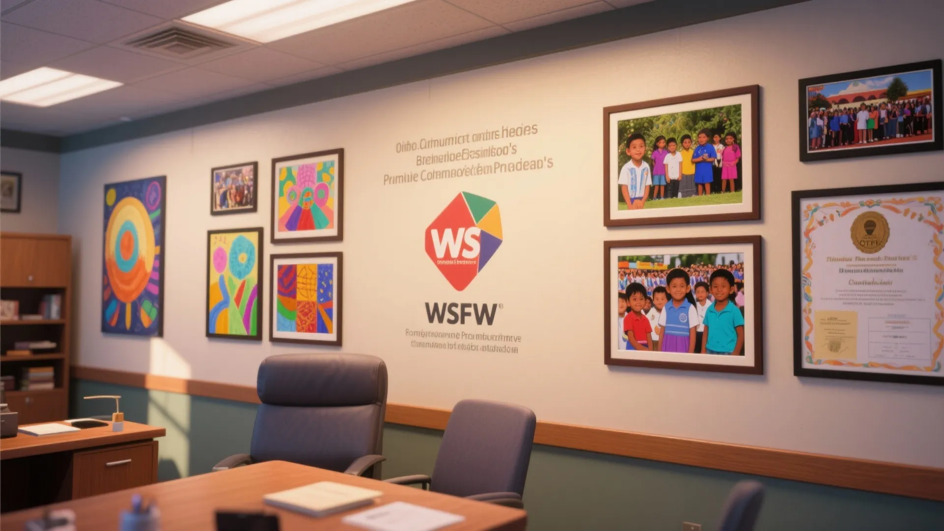 Office interior featuring a white wall decorated with colorful framed pictures and a company logo