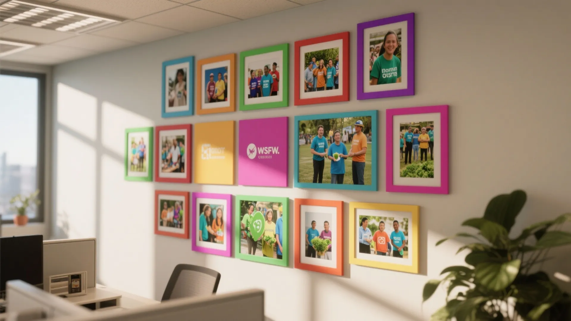 Office gallery wall featuring many colorful photo frames with pictures of people and green plants