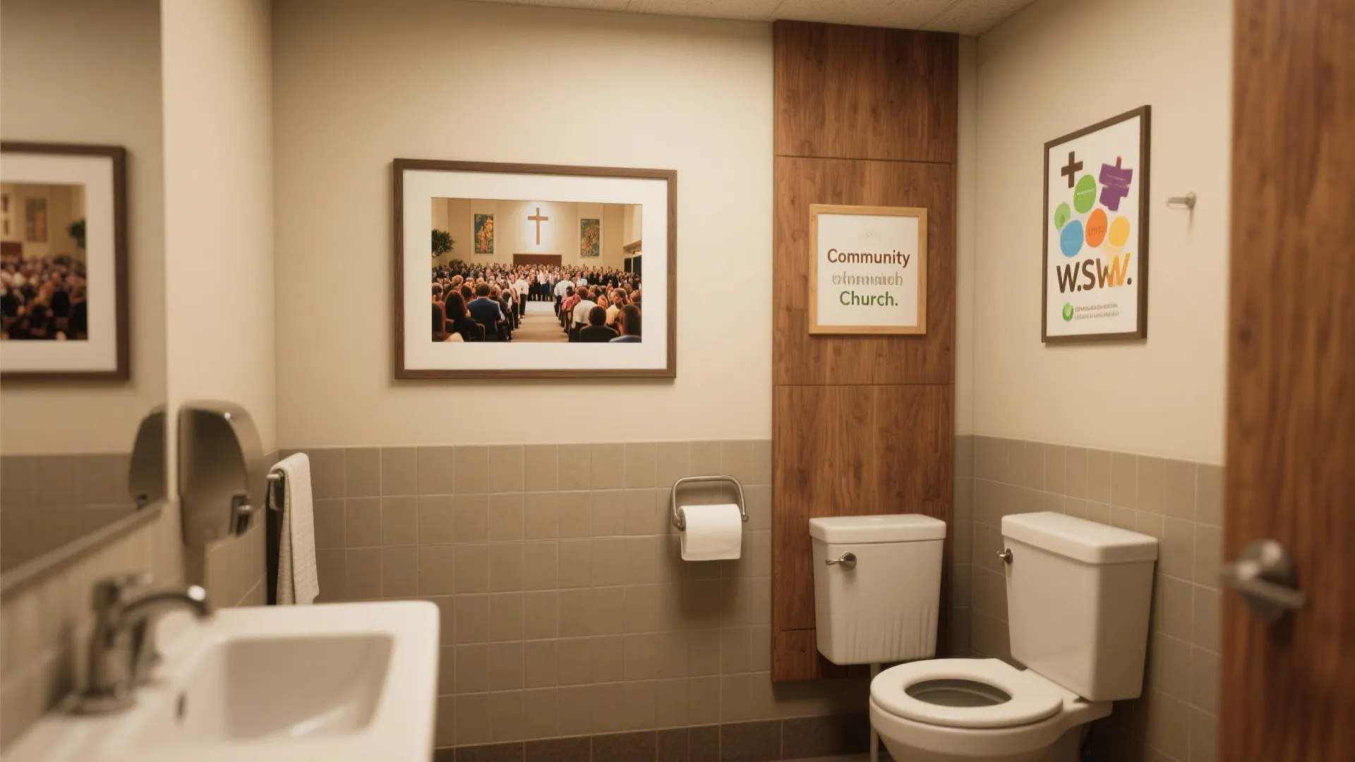 Clean bathroom featuring white toilet sink wood wall panels and framed community pictures on the wall