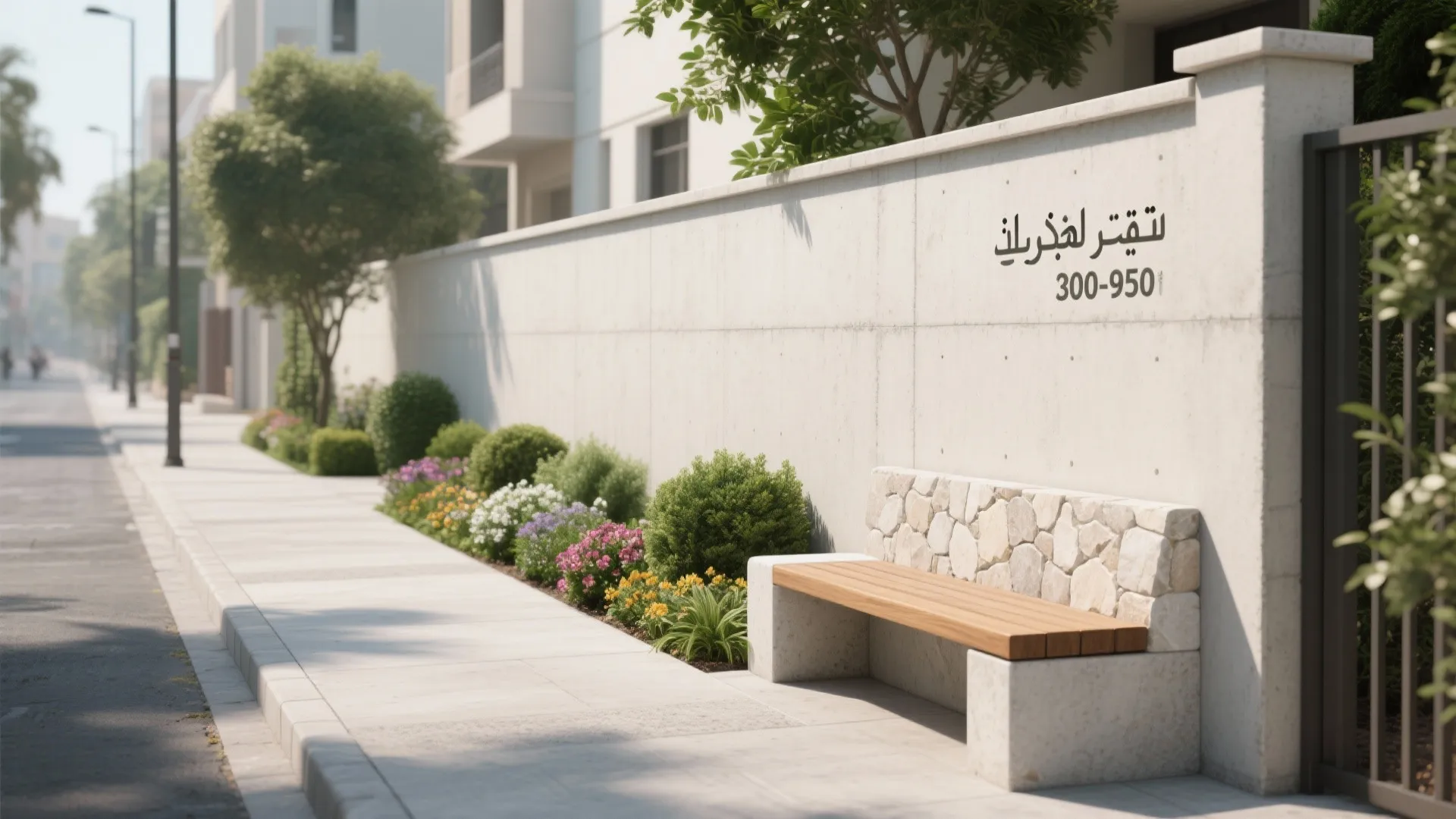 3) Community edge: low wall + green buffer + seating