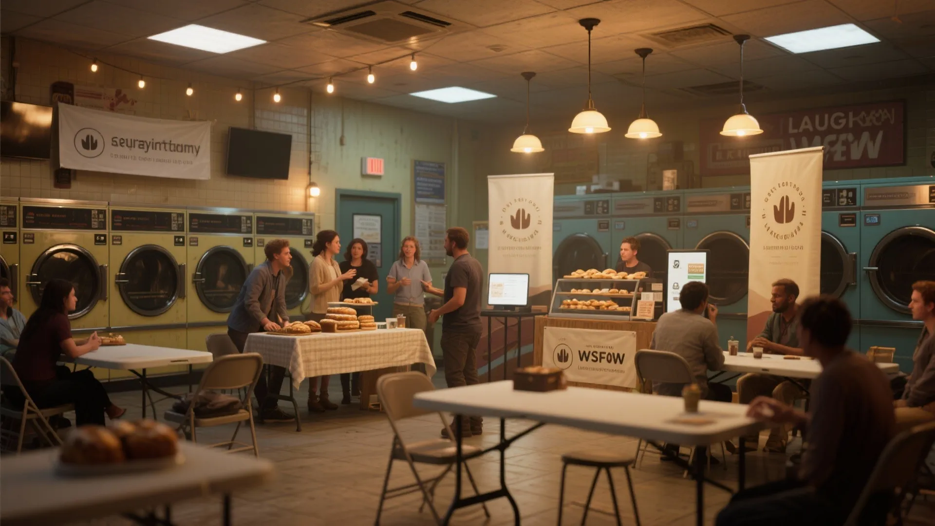 Neighborhood laundromat hosting a bakery pop-up and workshop in warm evening light.