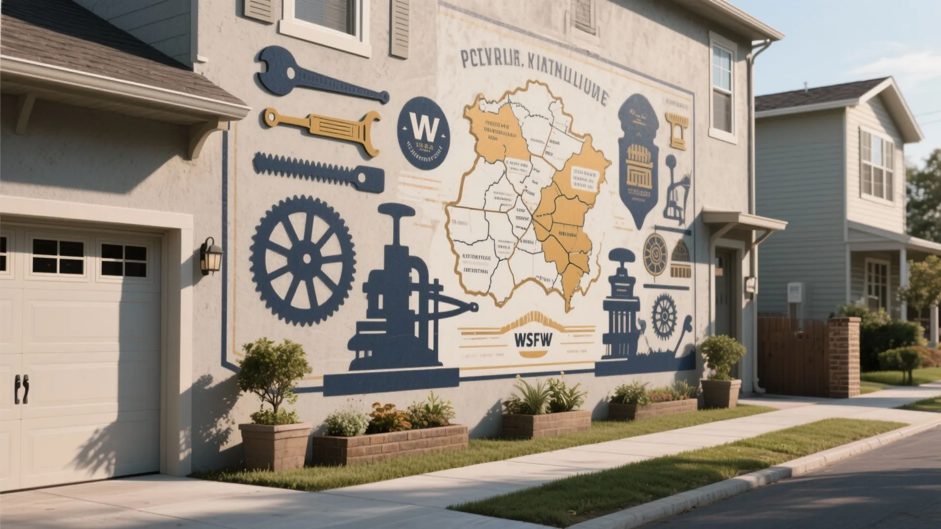 Large wall mural on a white house showing blue industrial tools a map and gears