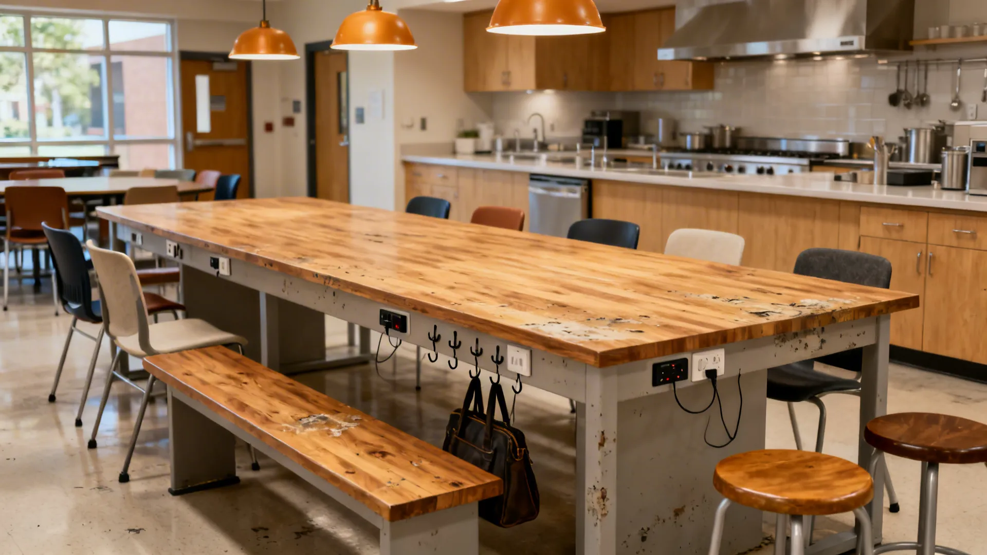 Long communal table with mixed seating, power ports, and warm pendants in a campus kitchen.
