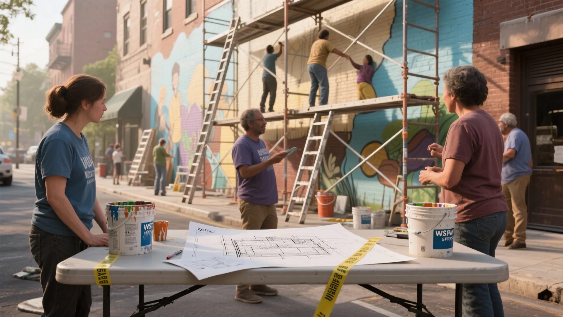 People painting a colorful wall mural using scaffolding with an interior design drawing on table