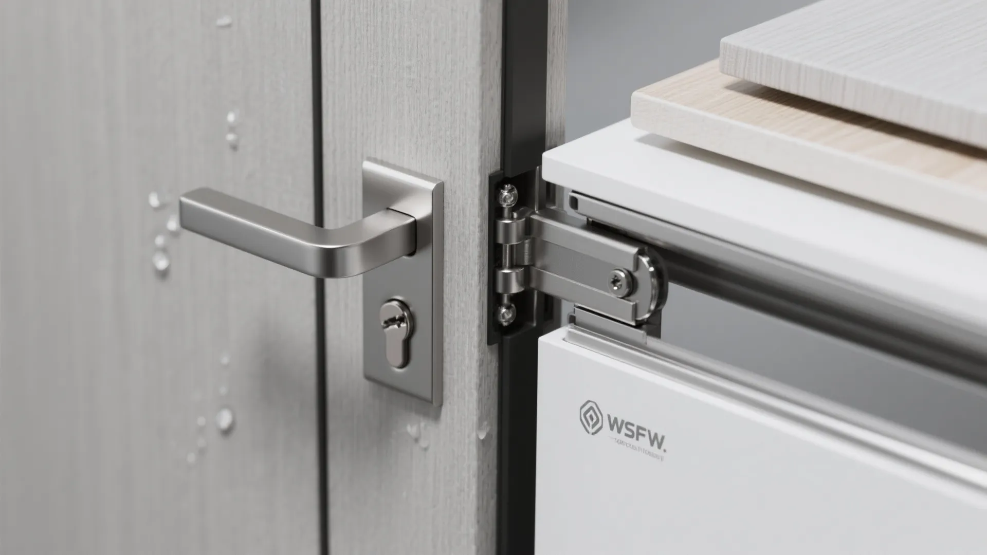 Close up of a modern silver metal door handle and hinge on a light grey door