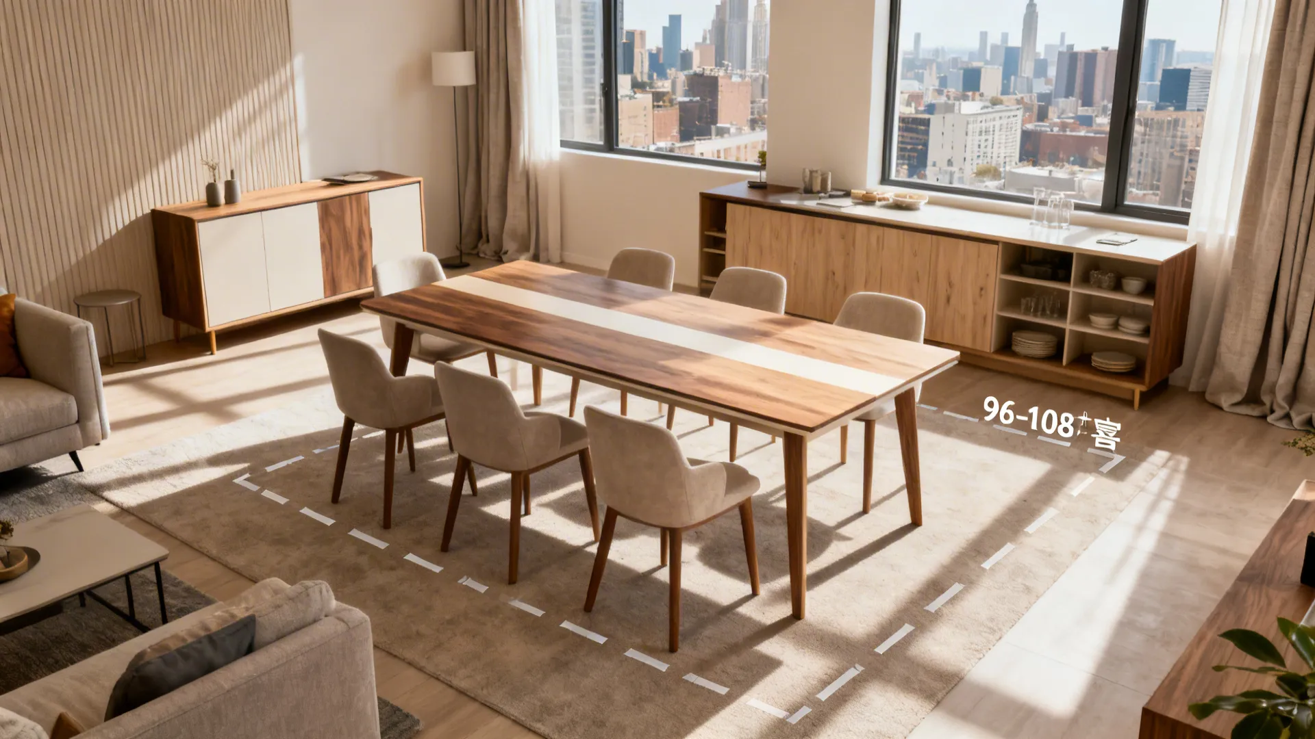 Large wooden dining table with beige chairs on rug in bright room with city view