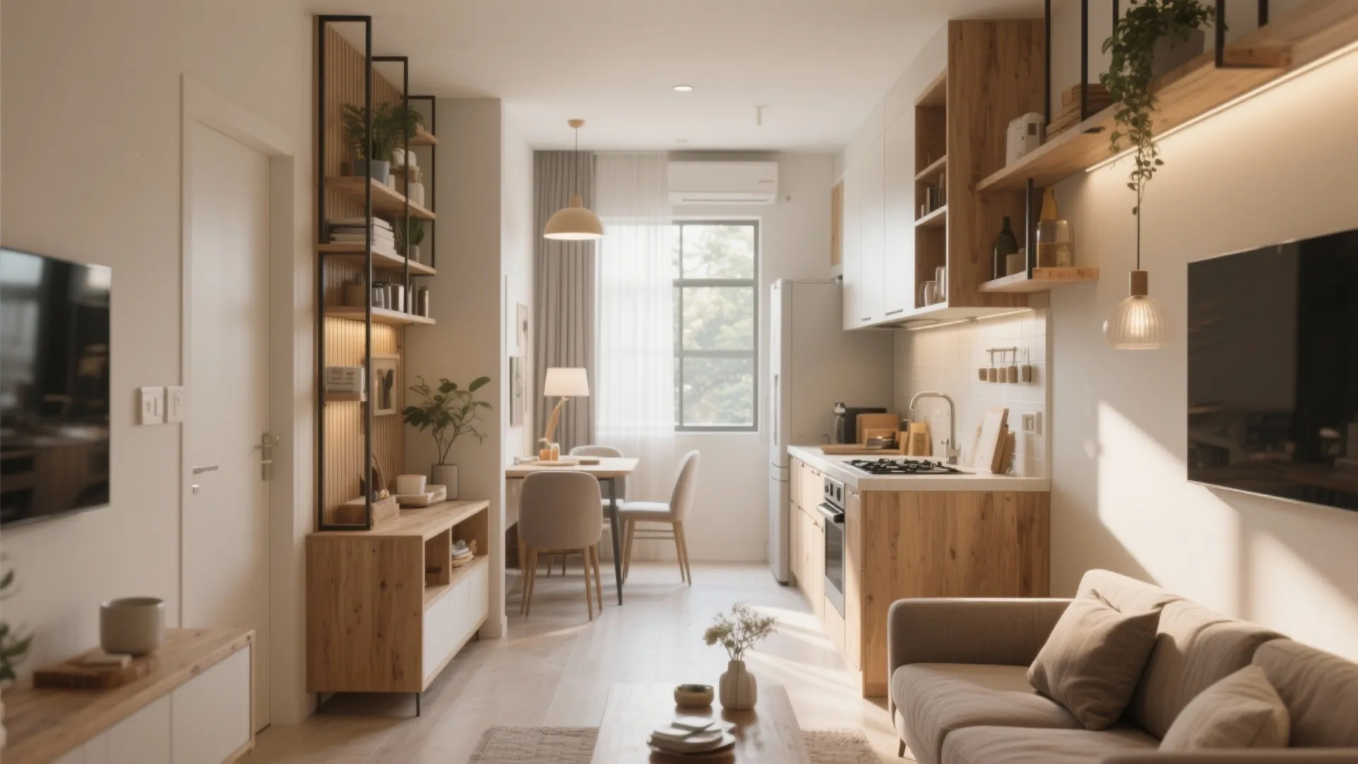 Modern studio apartment featuring wooden furniture a cozy beige sofa and a bright dining area