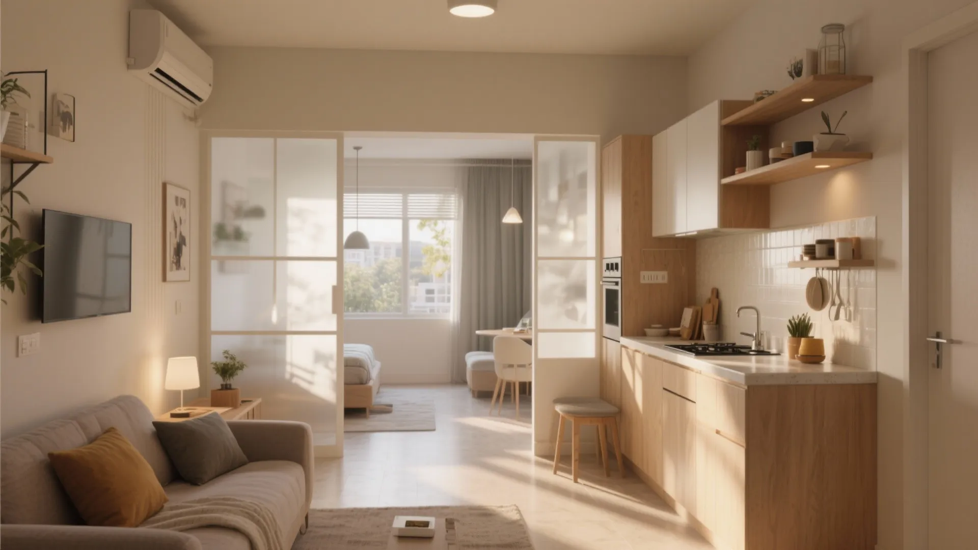 Small open plan apartment featuring wood kitchen cabinets a grey sofa and glass sliding doors