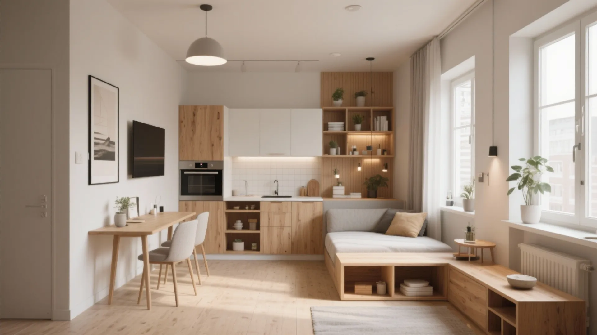 Small studio apartment room layout with kitchen cabinets desk chairs sofa bed and large window