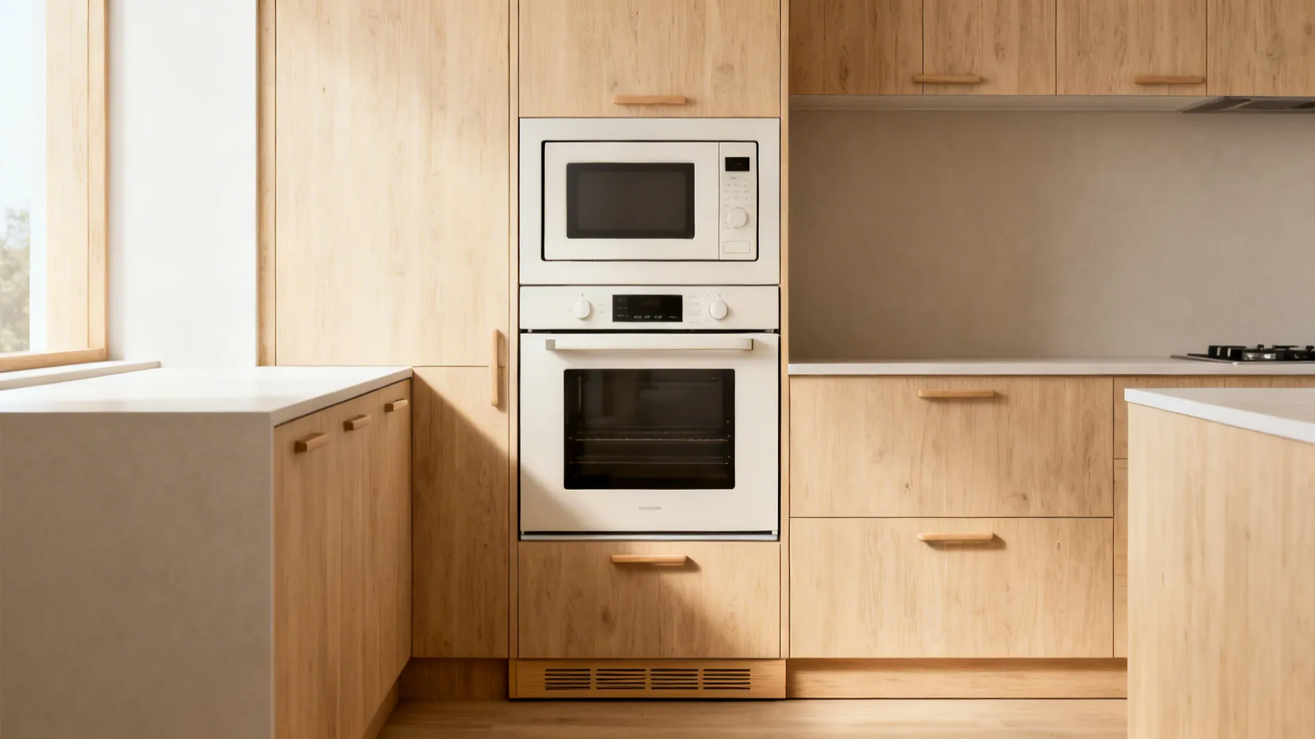 Small kitchen with 24-inch oven and compact microwave in a unified minimalist front
