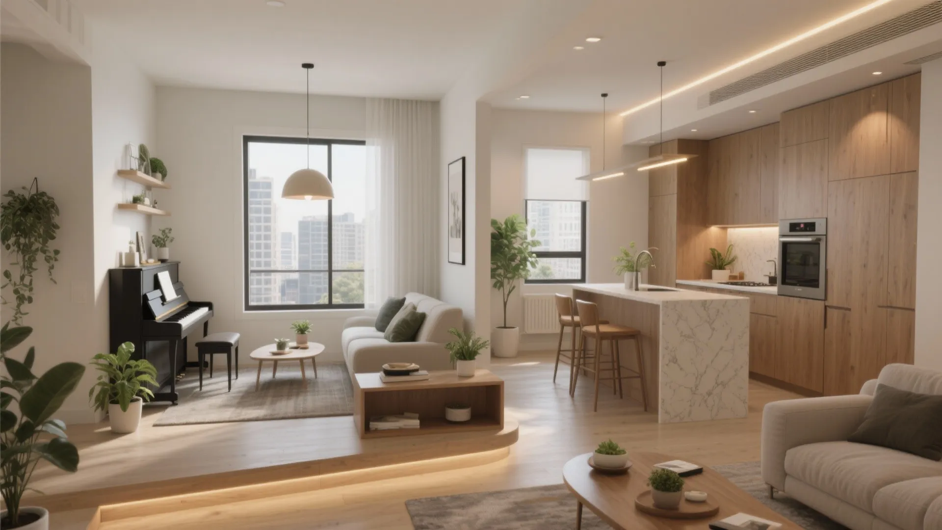 Modern living room and kitchen featuring wood cabinets, marble island, beige sofa, and black piano