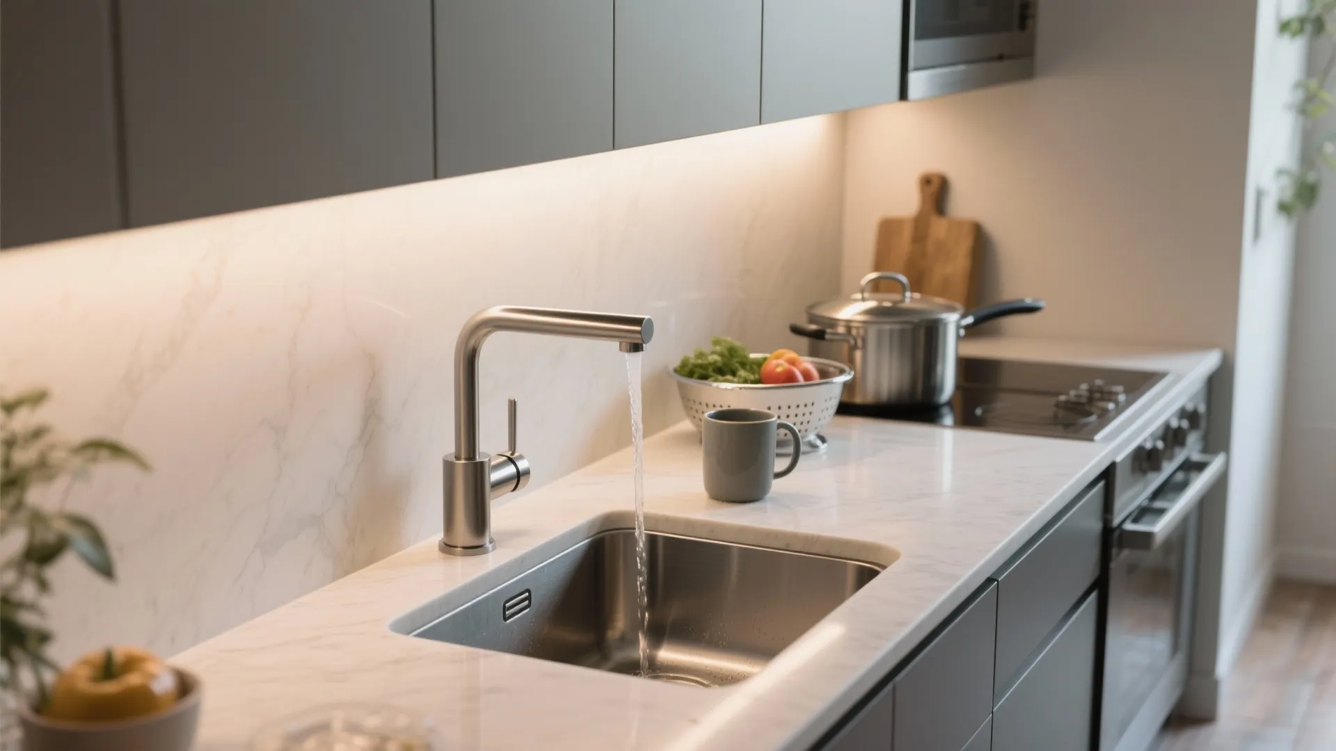 Modern kitchen with silver water faucet running into sink on white marble countertop with cabinets