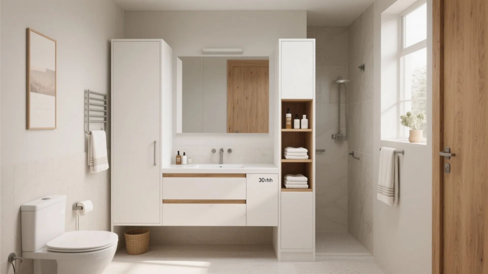 5. Compact 30" vanity with slim side cabinet