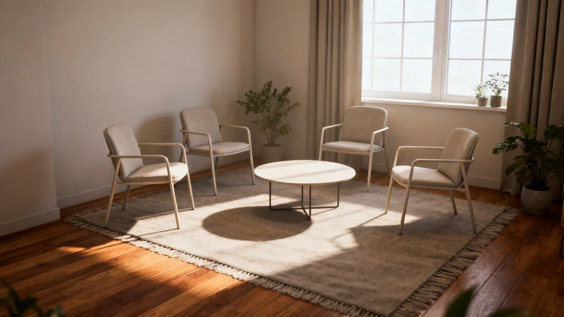 Modern living room featuring four beige chairs arranged around a round coffee table on large rug