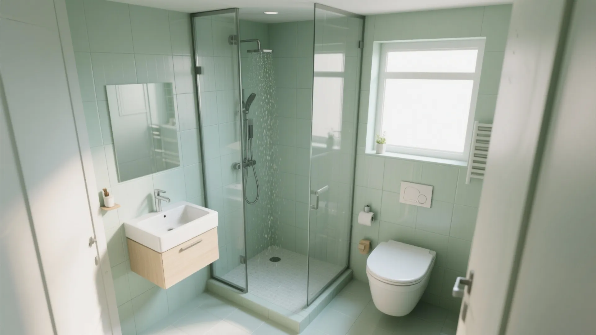 Compact 4'x7' bathroom with corner glass shower and wall-mounted sink.