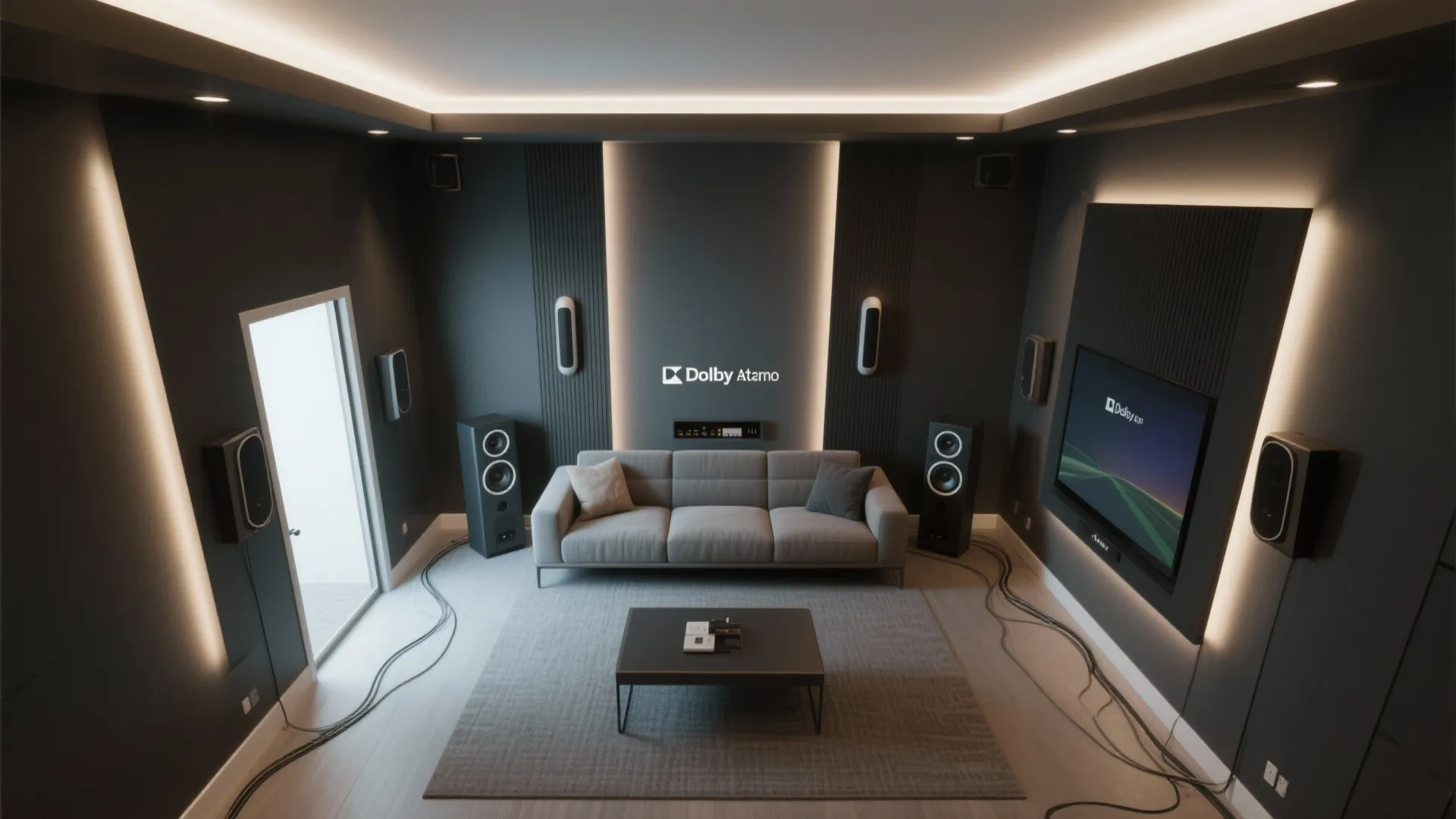 Modern home theater room with grey sofa large speakers wall lights and a big screen