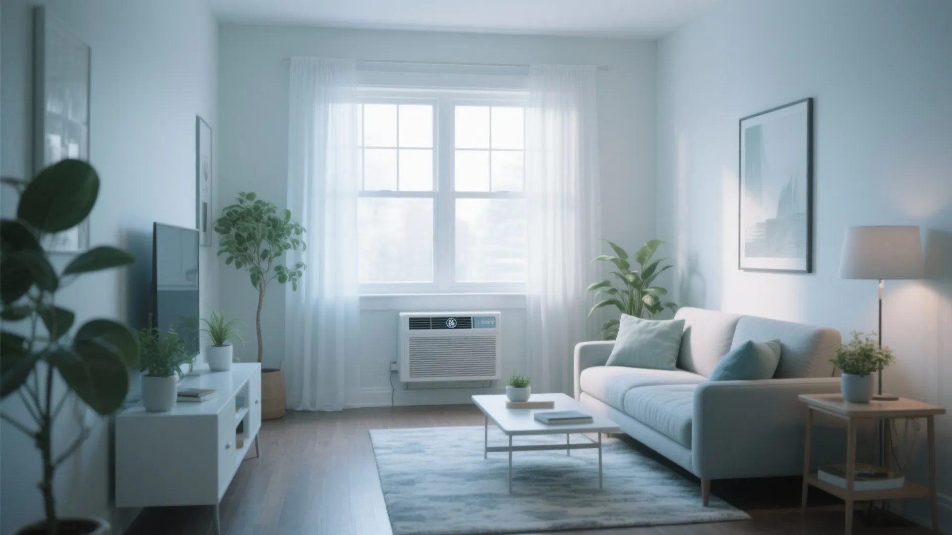 Modern bright living room with white sofa blue rug window air conditioner and green indoor plants