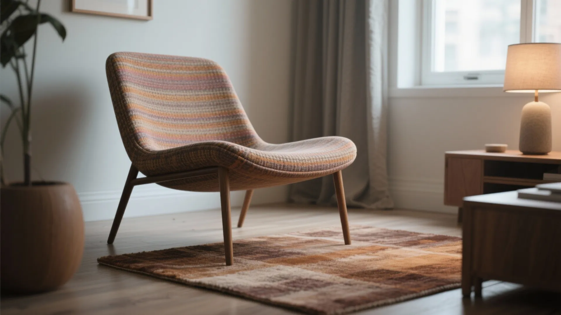 Comfortable armchair on a patterned rug next to a small cabinet with a table lamp