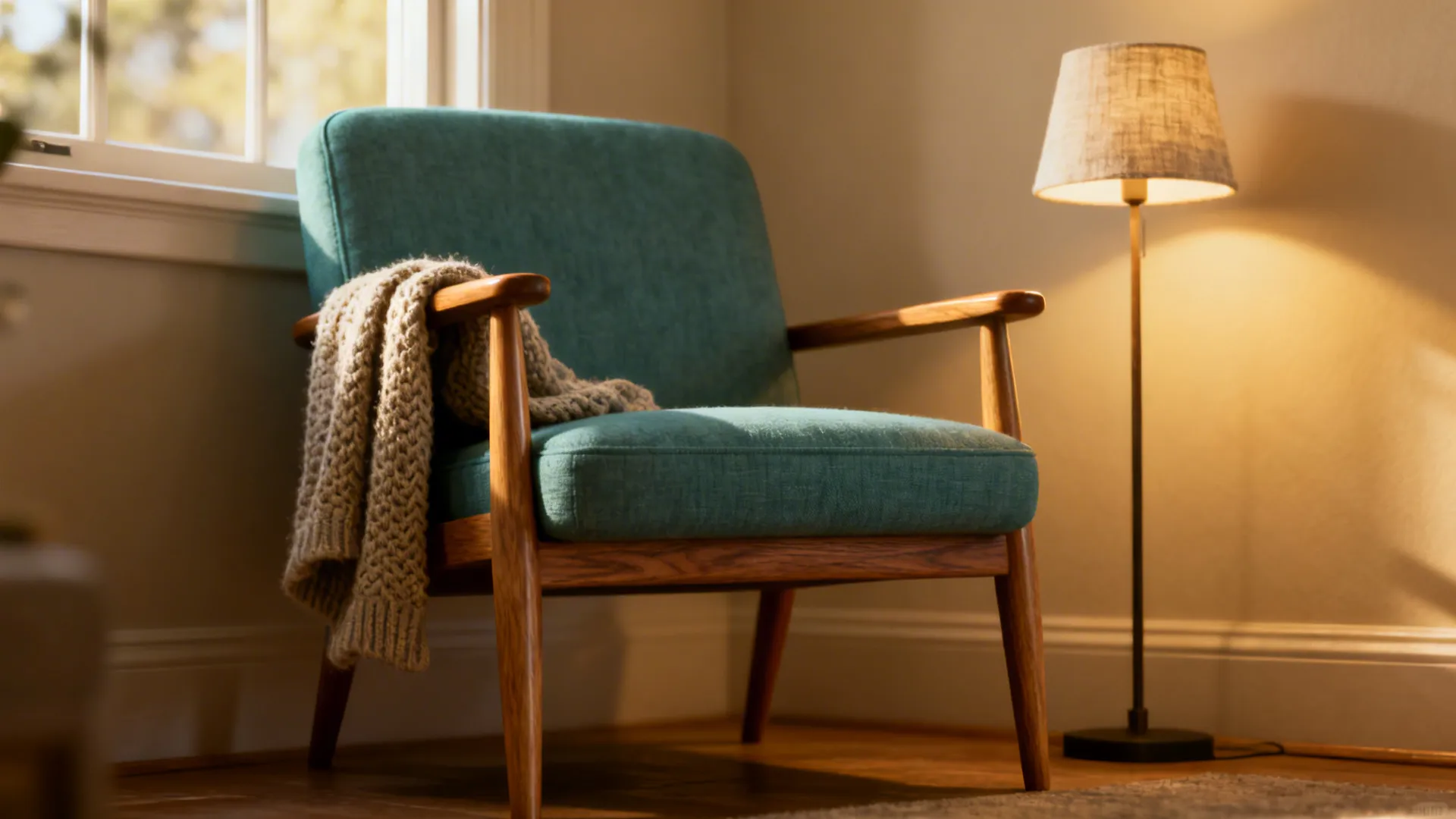Close-up of a slim-armed accent chair with tapered legs in a cozy reading corner.