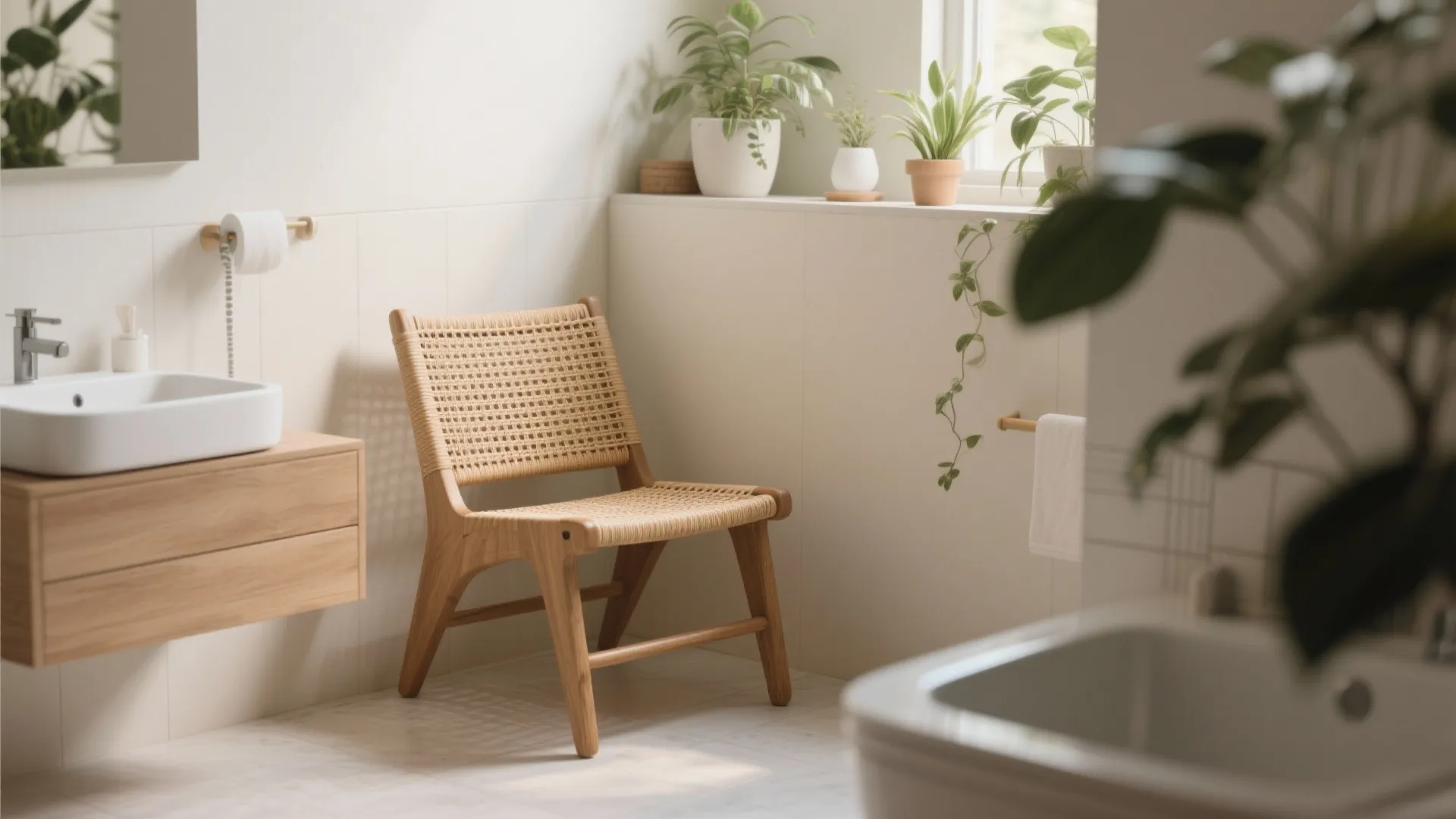 Woven wooden chair sitting in a bright bathroom with green plants on a window ledge