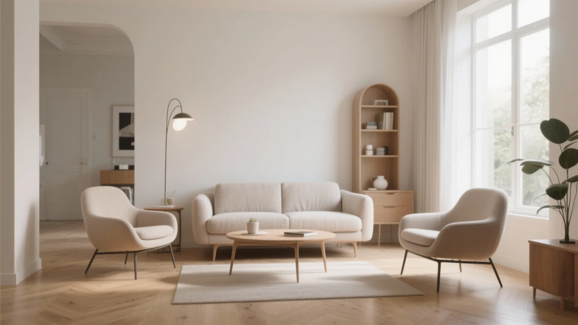 Bright living room with cream sofa two matching chairs wooden coffee table and arched wood bookshelf
