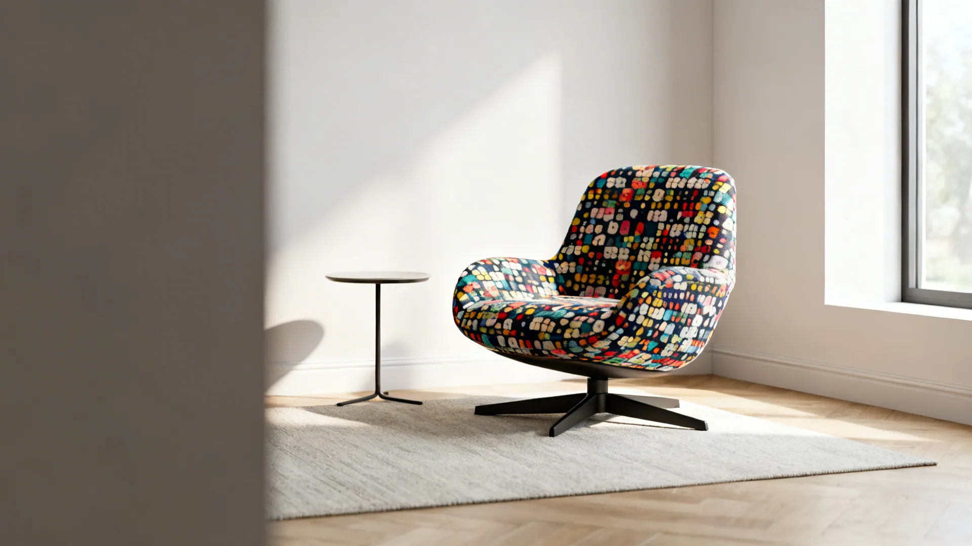 Compact swivel accent chair in a small living room corner showing efficient layout and playful fabric.